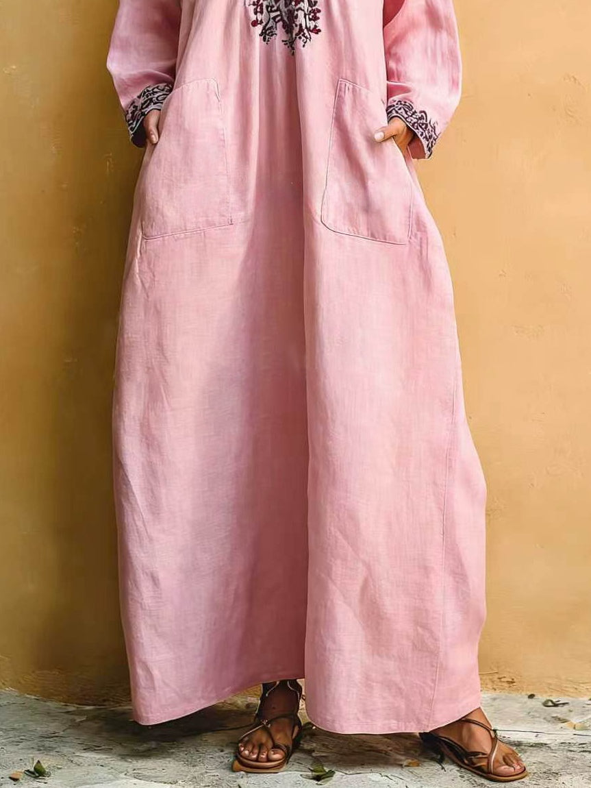 Women’s Pink Bohemian Cotton-Linen Blend V-Neck Long Sleeve Relaxed Maxi Dress with Side Pockets