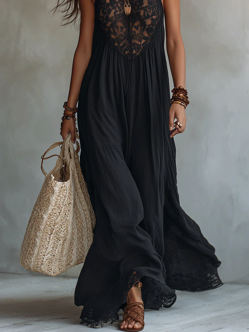 Women’s Black Bohemian Polyester Blend Halter Neck Sleeveless Relaxed Maxi Dress with Sheer Lace Detail