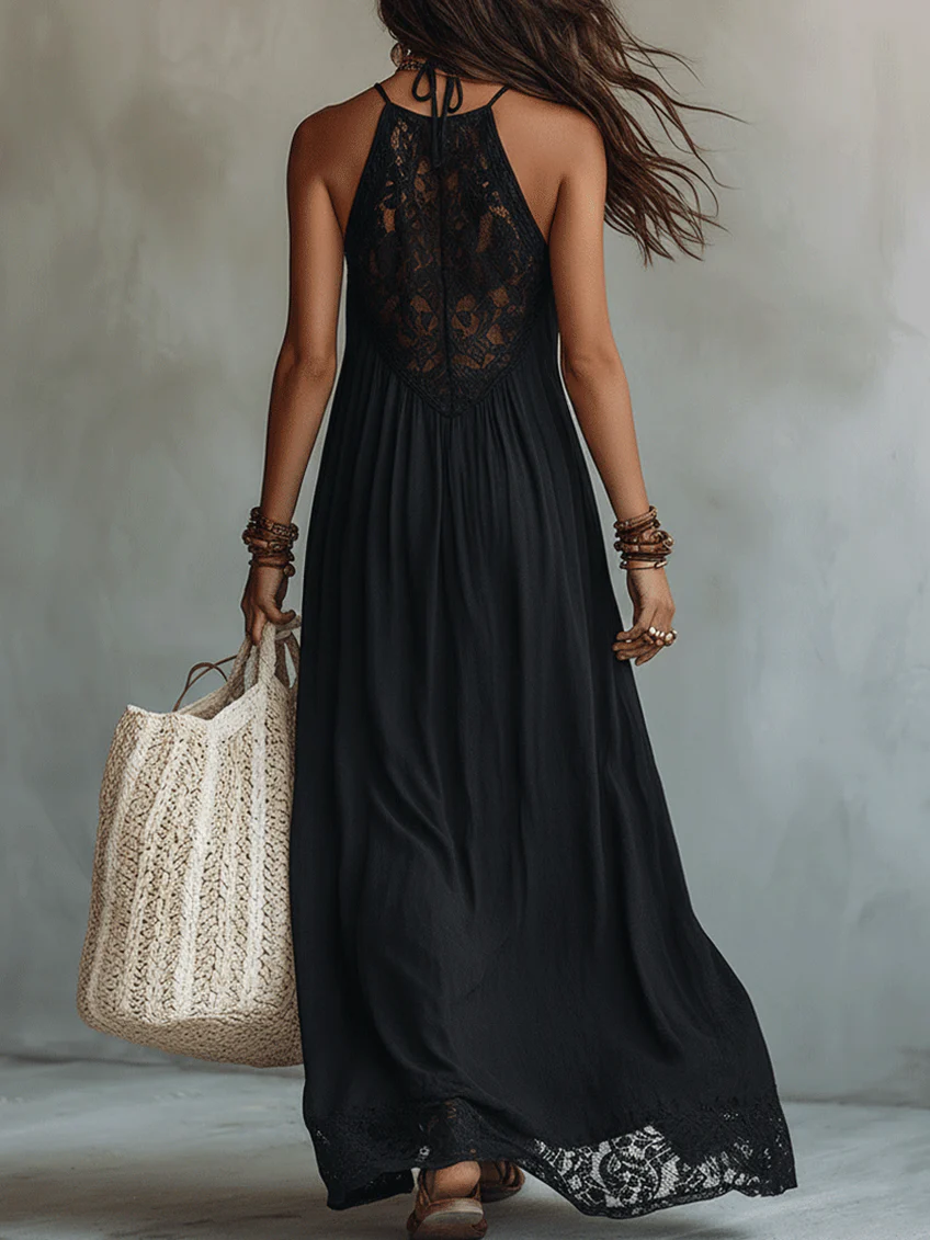 Women’s Black Bohemian Polyester Blend Halter Neck Sleeveless Relaxed Maxi Dress with Sheer Lace Detail
