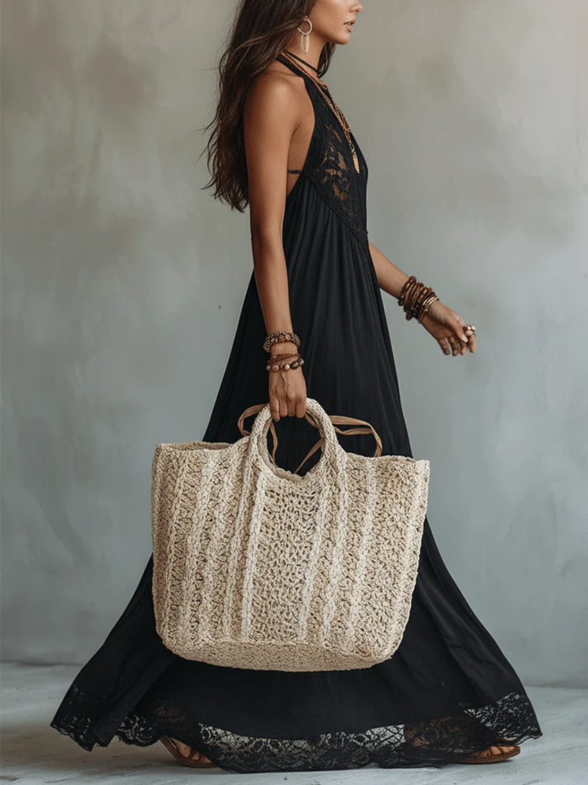 Women’s Black Bohemian Polyester Blend Halter Neck Sleeveless Relaxed Maxi Dress with Sheer Lace Detail