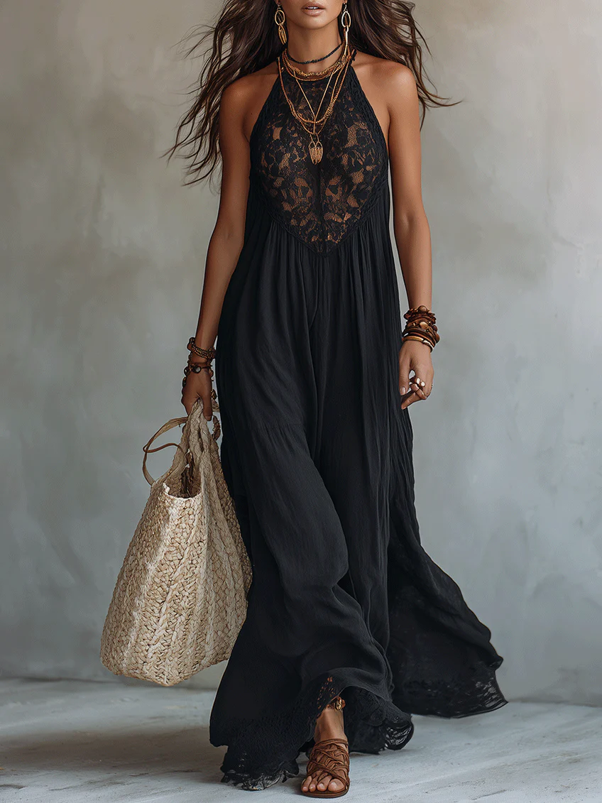 Women’s Black Bohemian Polyester Blend Halter Neck Sleeveless Relaxed Maxi Dress with Sheer Lace Detail