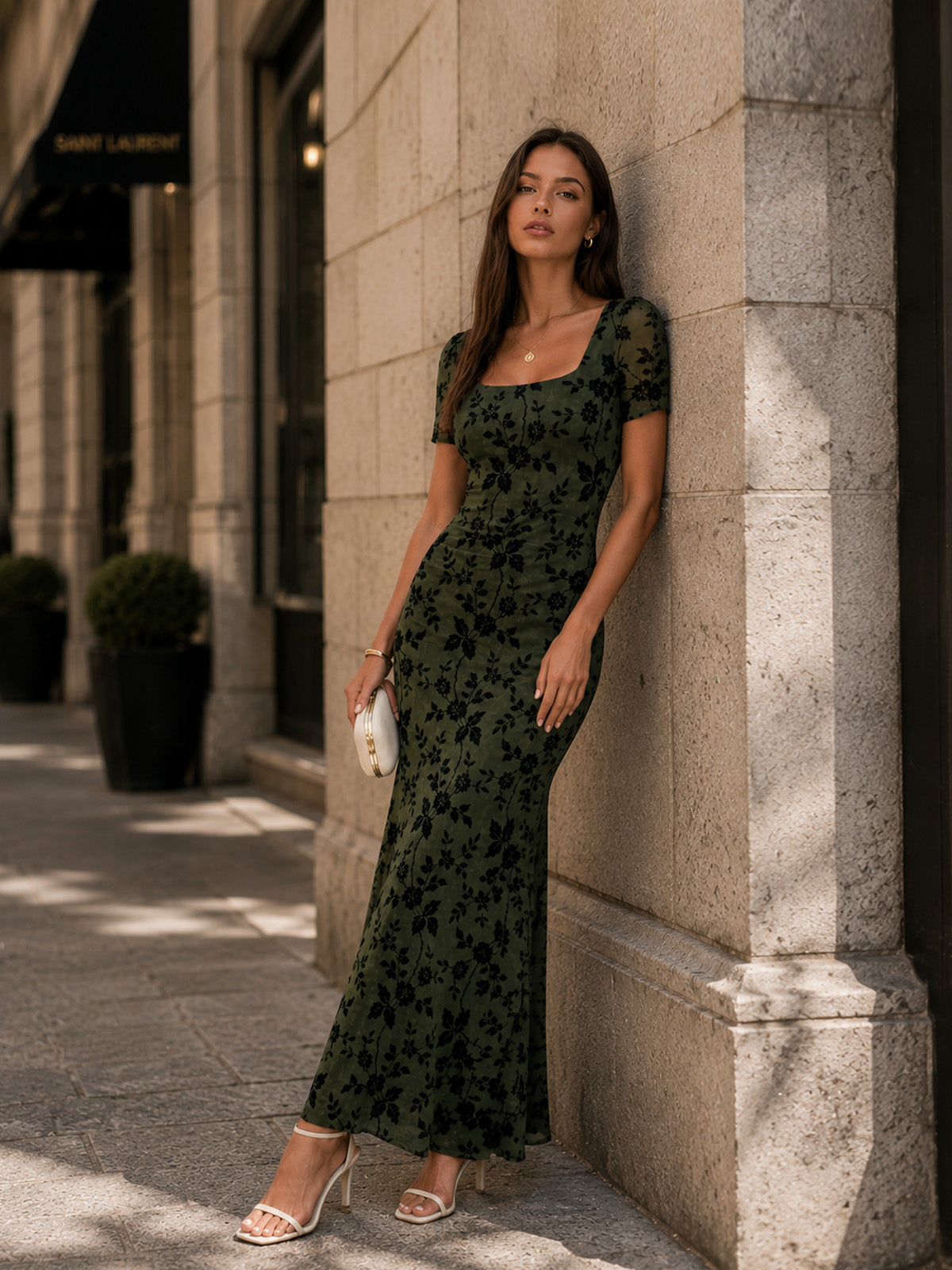 Women’s Summer Floral Wedding Guest Polyester Blend Square Neck Short Sleeve Slim Mermaid Maxi Dress