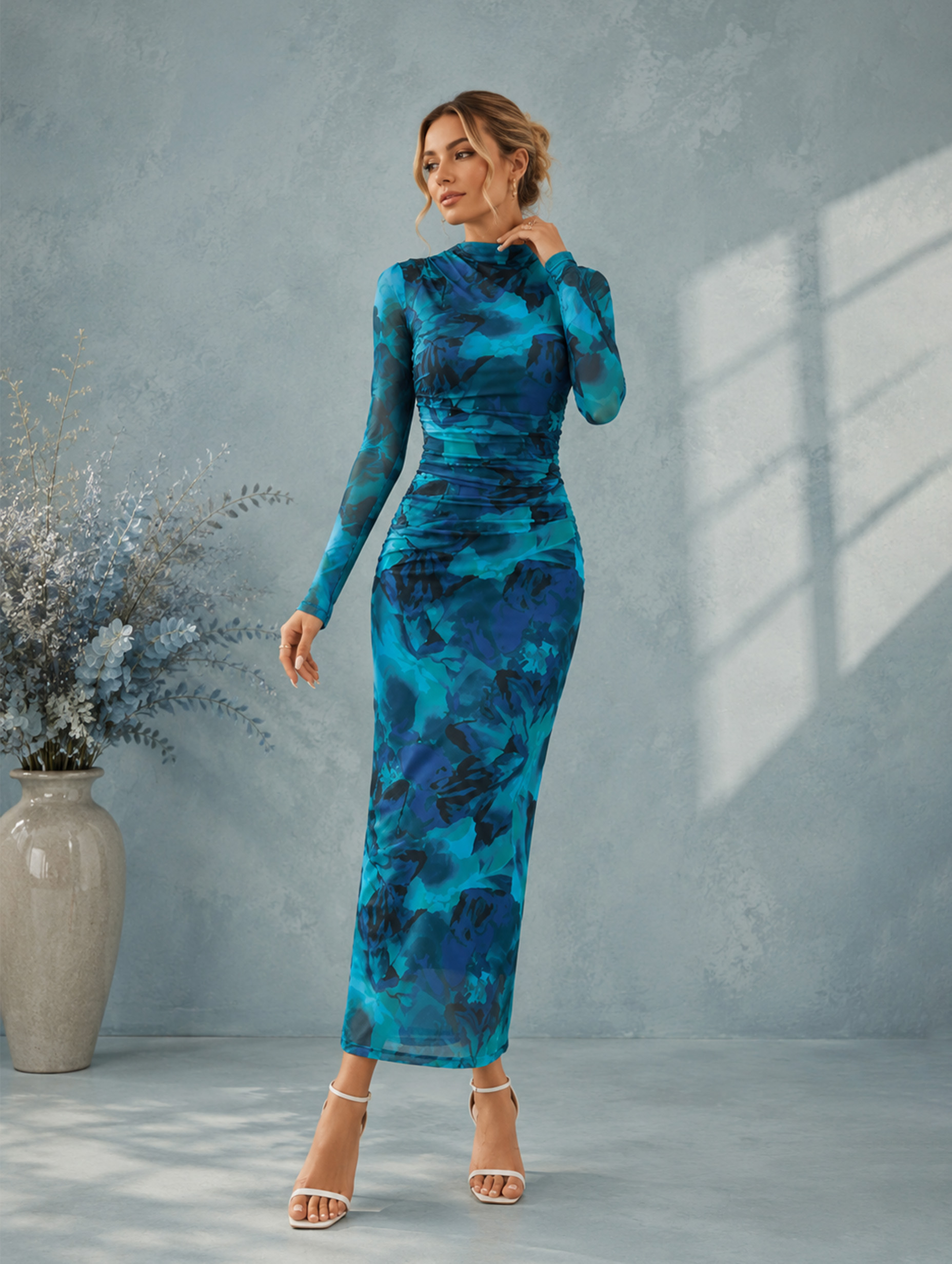 Women’s Spring Wedding Guest Floral Mesh Mock Neck Long Sleeve Slim Maxi Dress