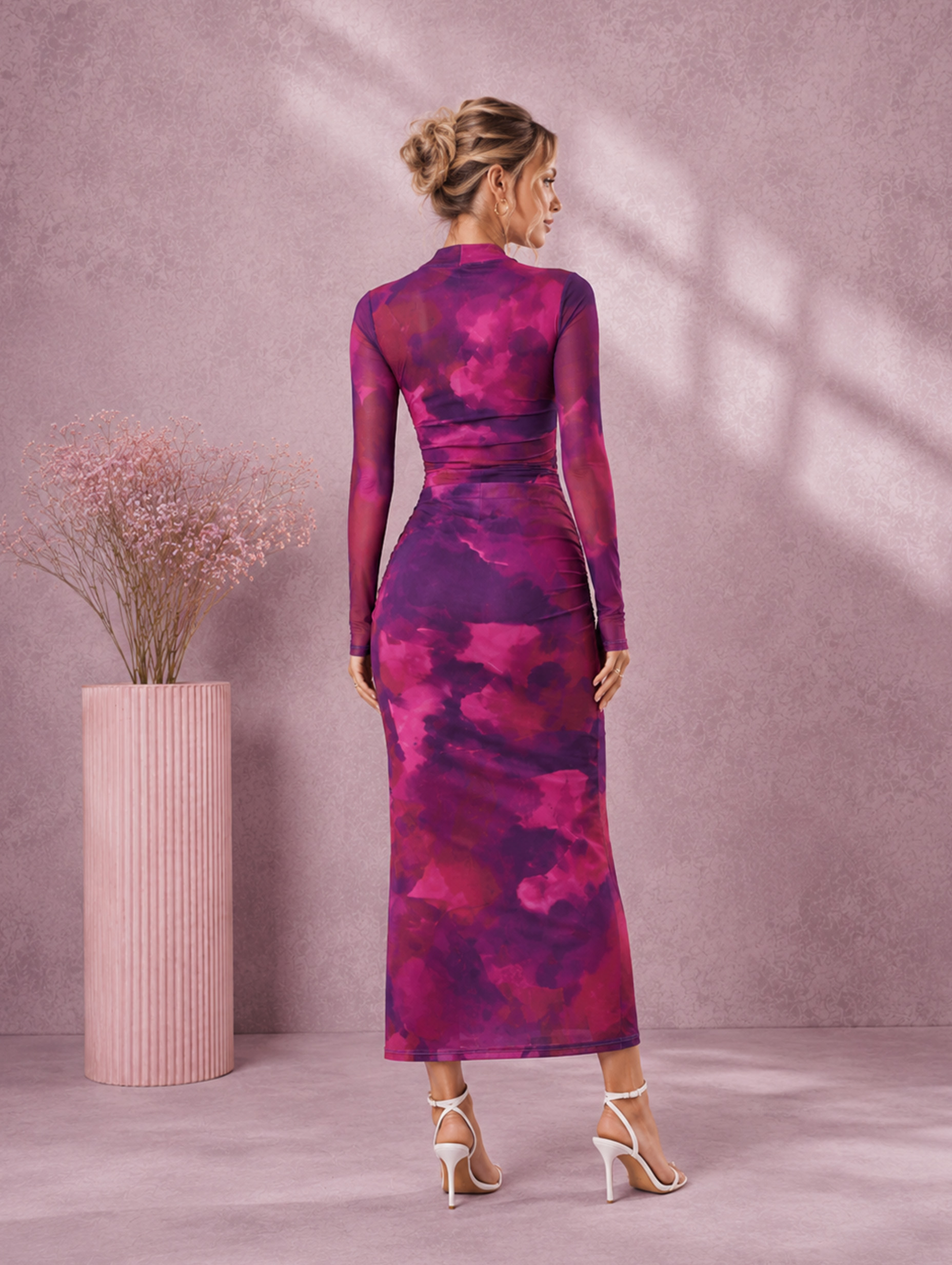 Women’s Spring Wedding Guest Floral Mesh Mock Neck Long Sleeve Slim Maxi Dress