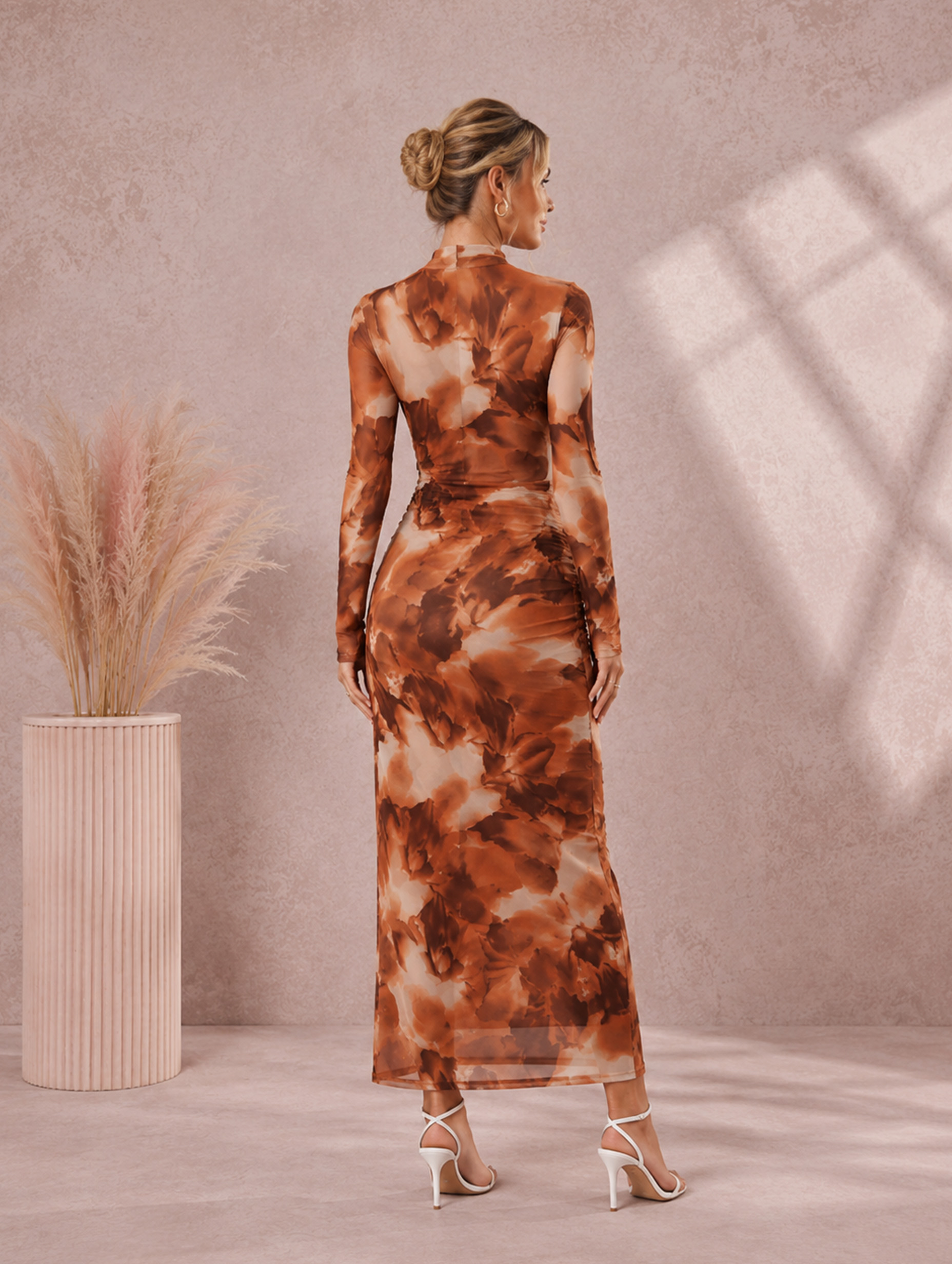 Women’s Spring Wedding Guest Floral Mesh Mock Neck Long Sleeve Slim Maxi Dress