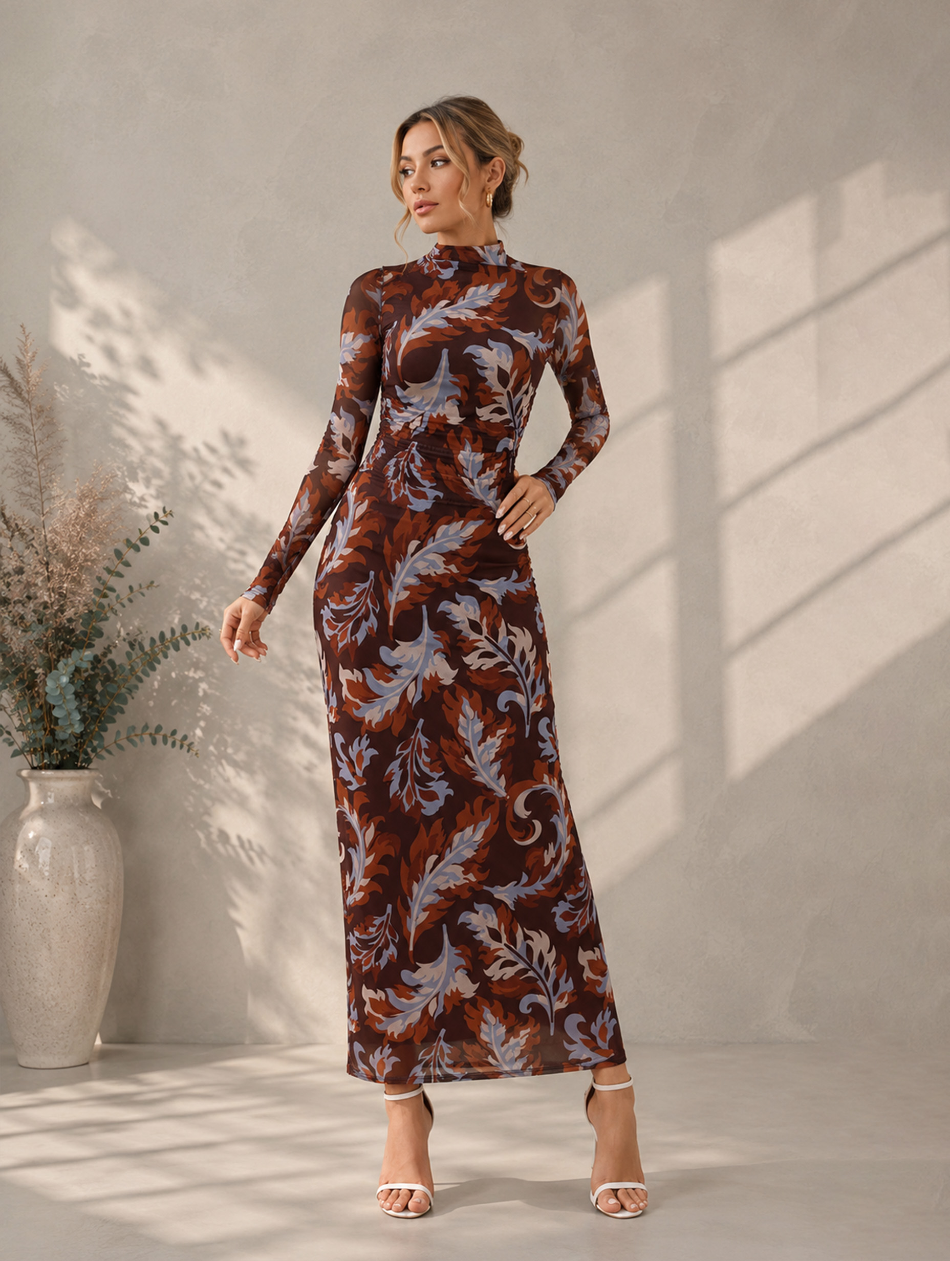 Women’s Spring Wedding Guest Floral Mesh Mock Neck Long Sleeve Slim Maxi Dress