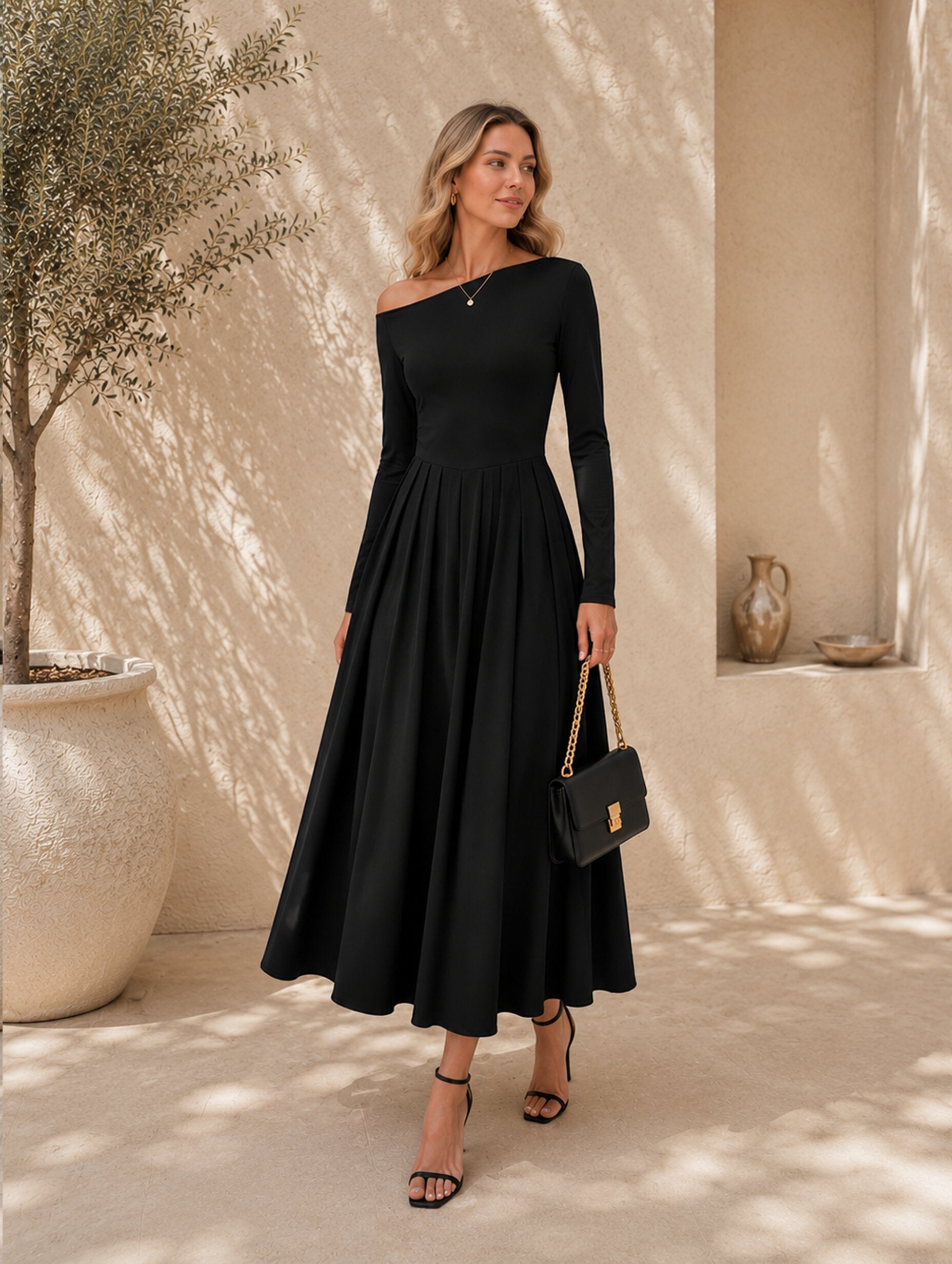 Women’s Fall Long Sleeve Wedding Guest One-Shoulder Elegant Formal Pleated Midi Maxi Dress