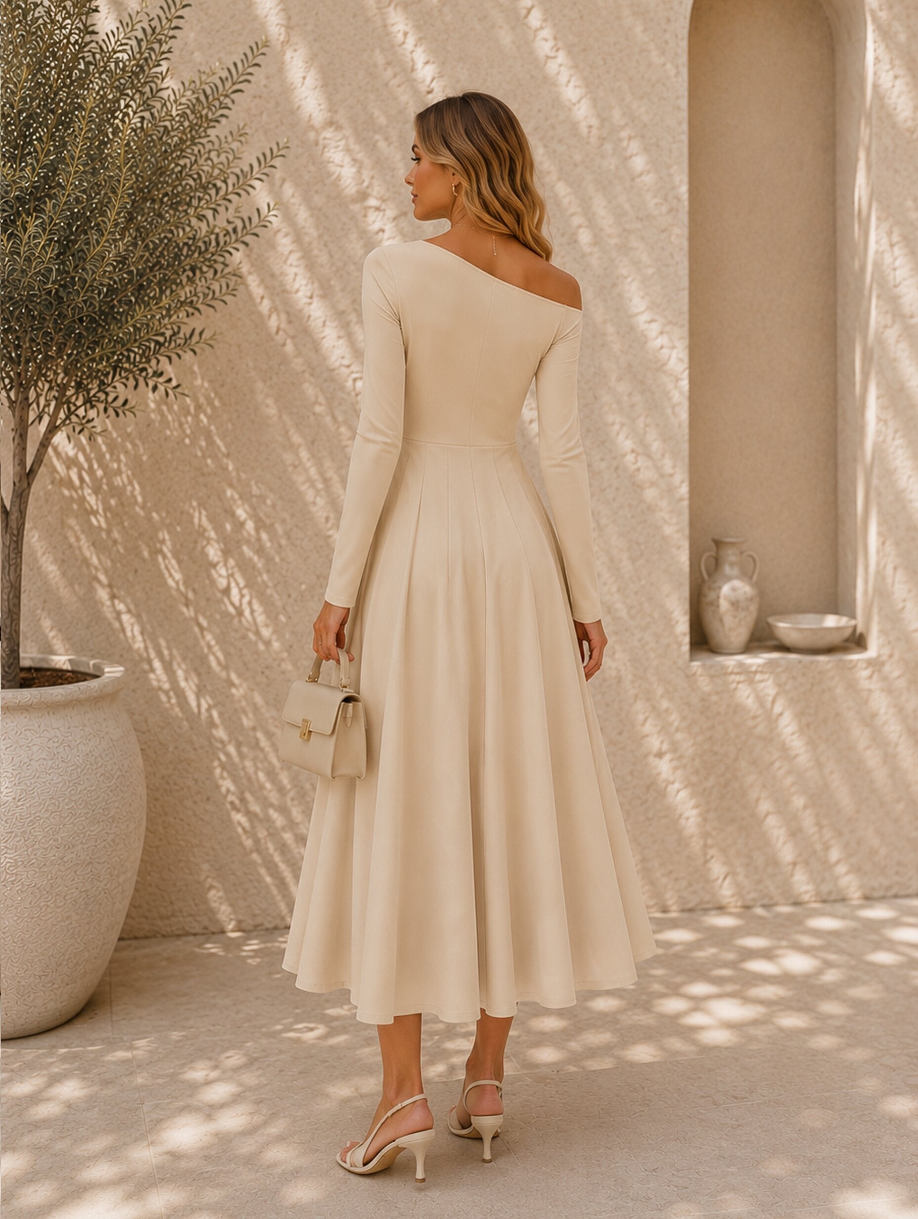 Women’s Fall Long Sleeve Wedding Guest One-Shoulder Elegant Formal Pleated Midi Maxi Dress