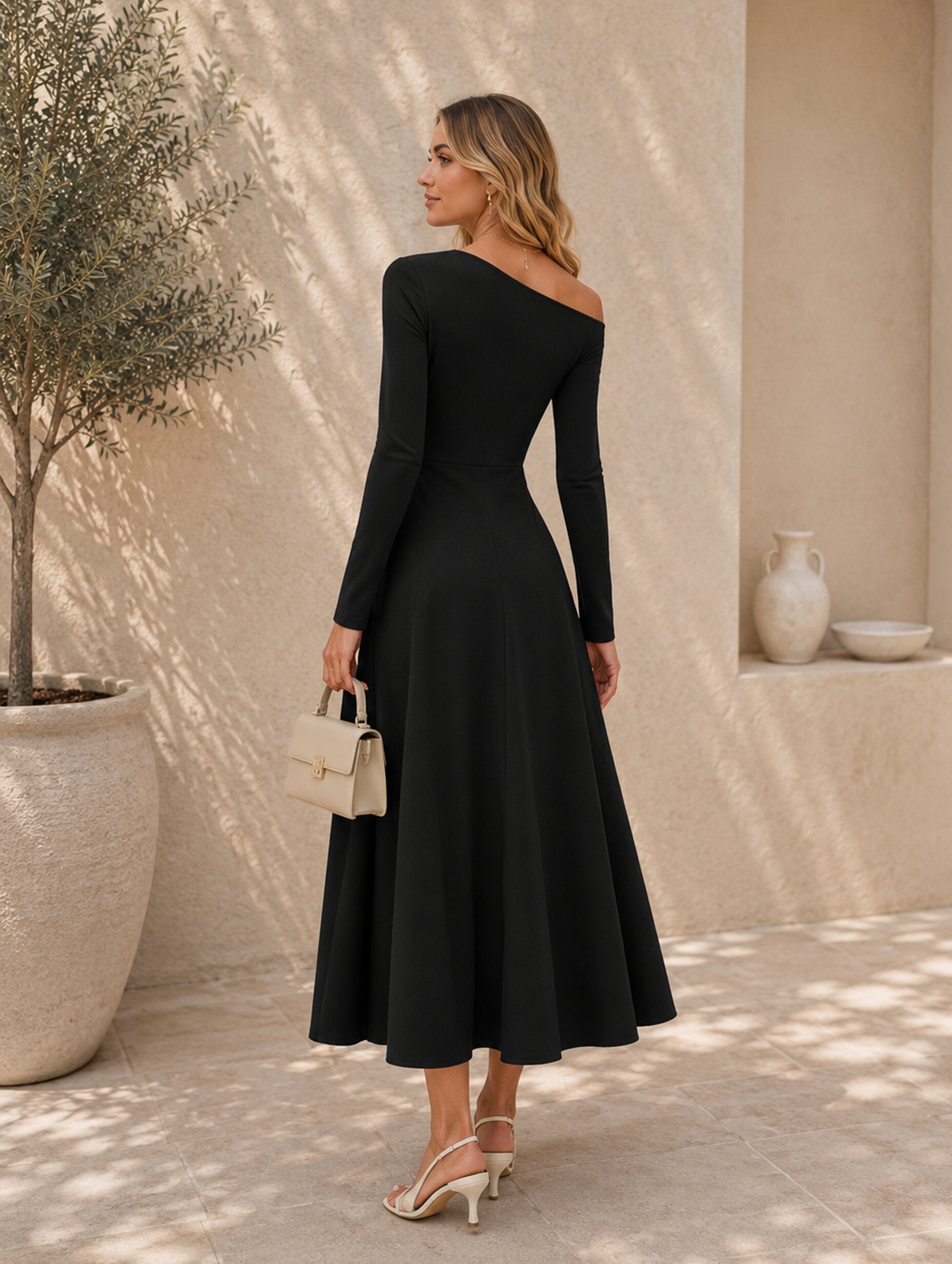Women’s Fall Long Sleeve Wedding Guest One-Shoulder Elegant Formal Pleated Midi Maxi Dress
