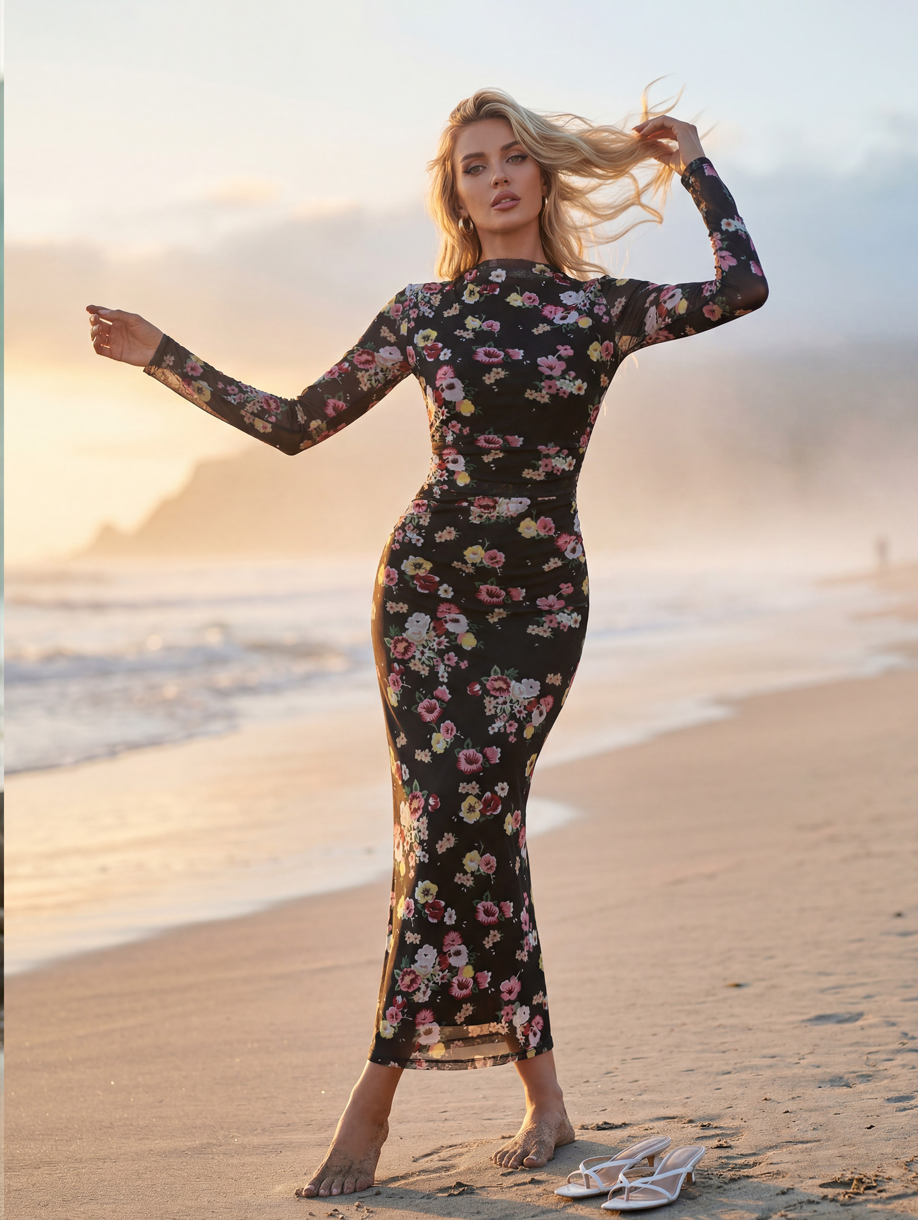 Women’s Spring Wedding Guest Floral Mesh Mock Neck Long Sleeve Slim Maxi Dress