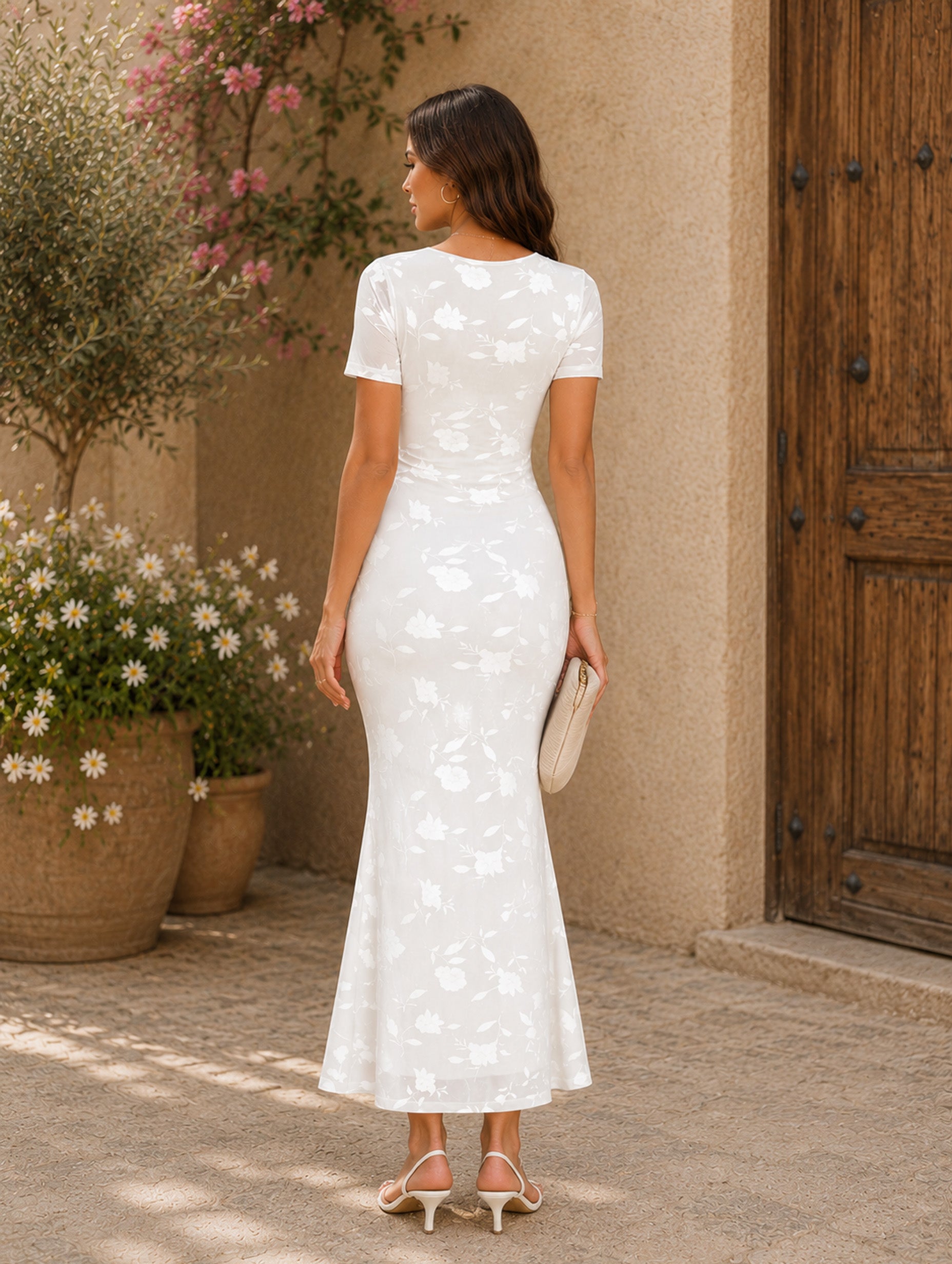 Women’s Summer Floral Wedding Guest Polyester Blend Square Neck Short Sleeve Slim Mermaid Maxi Dress