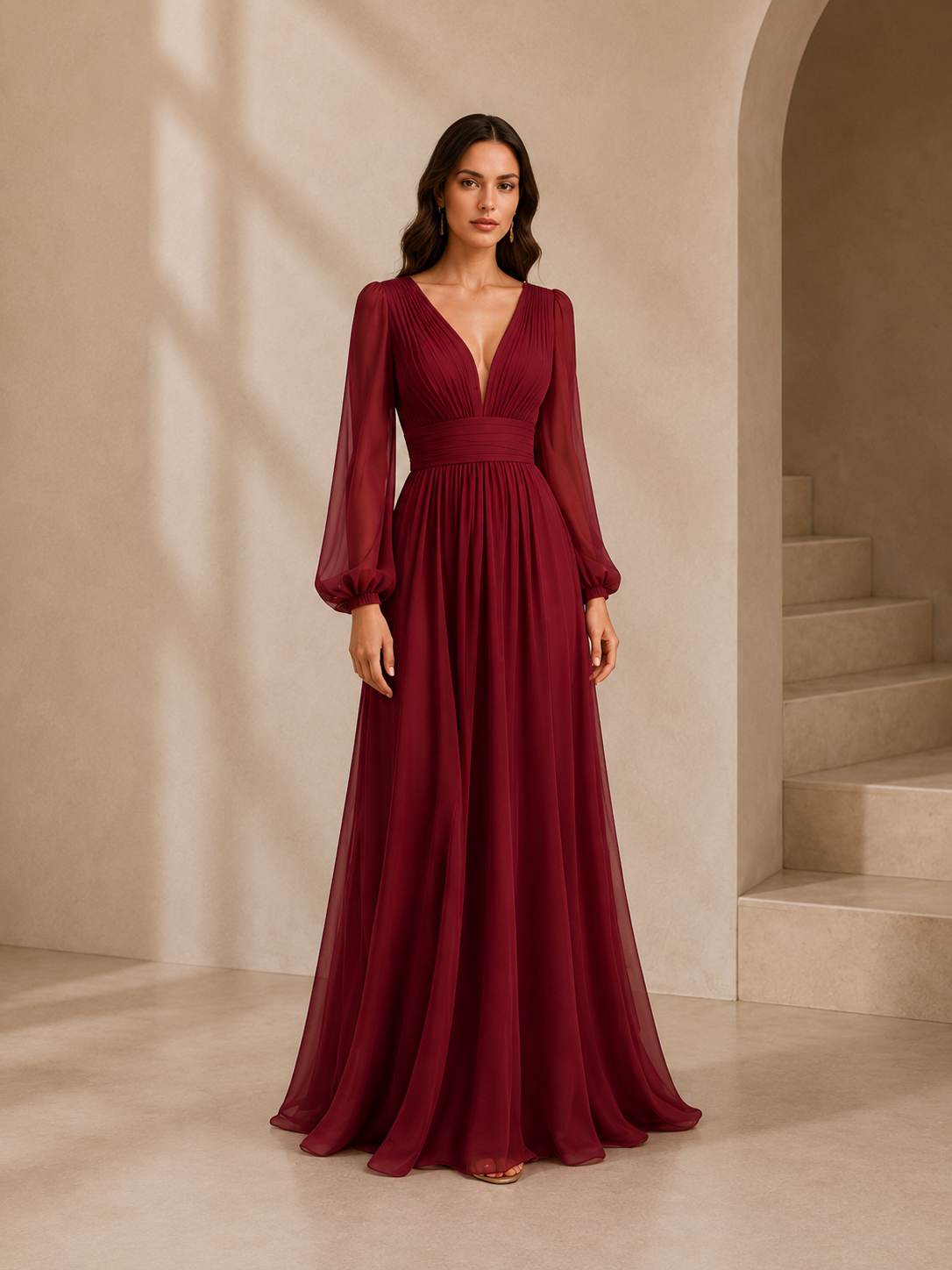 Vestido de Invitada de Boda de Chifón Elegante en Azul Marino con Escote en V y Manga Larga Regular de Largo hasta el Suelo con Detalle Plisado para Mujeres