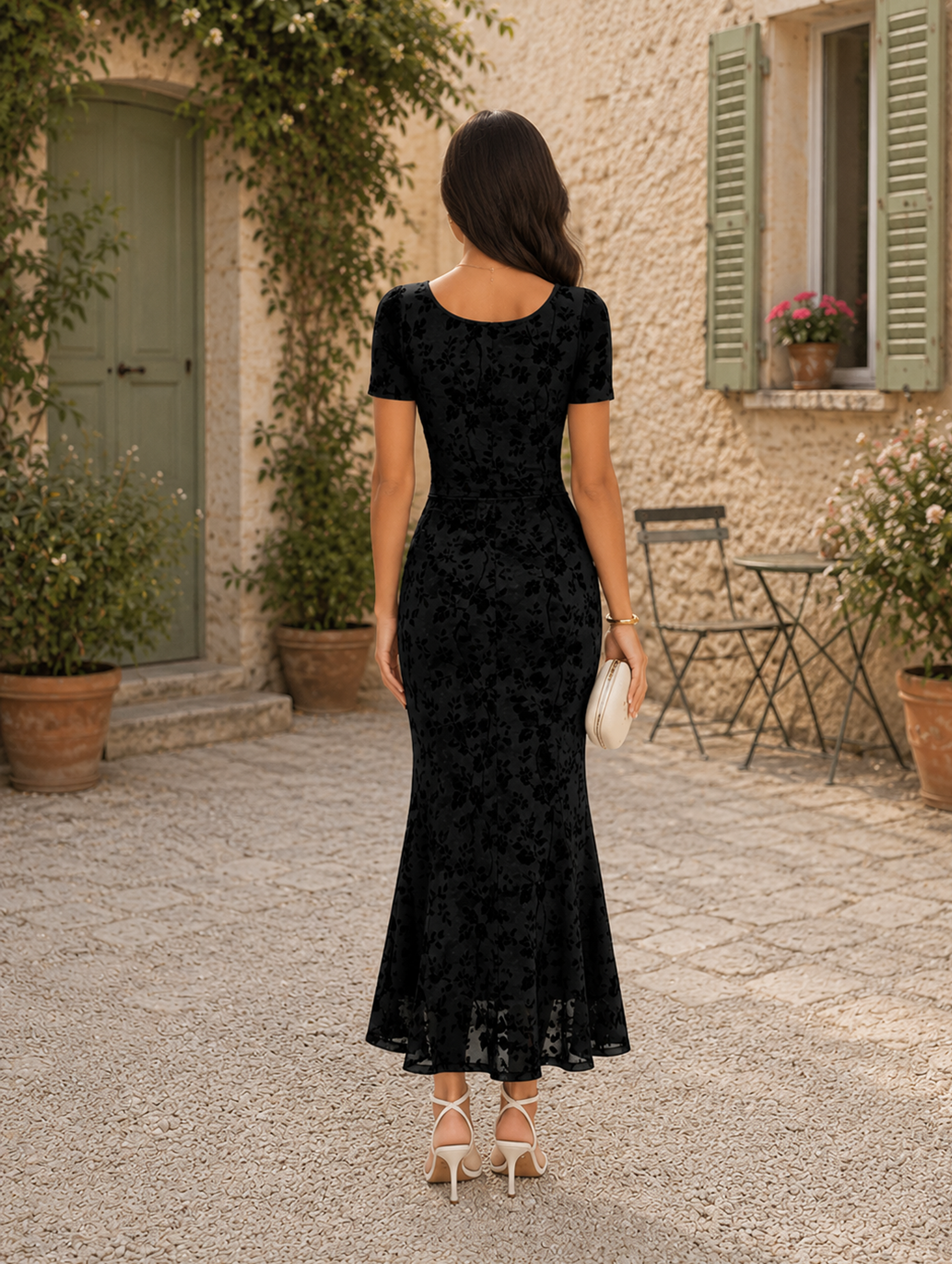 Women’s Summer Floral Wedding Guest Polyester Blend Square Neck Short Sleeve Slim Mermaid Maxi Dress