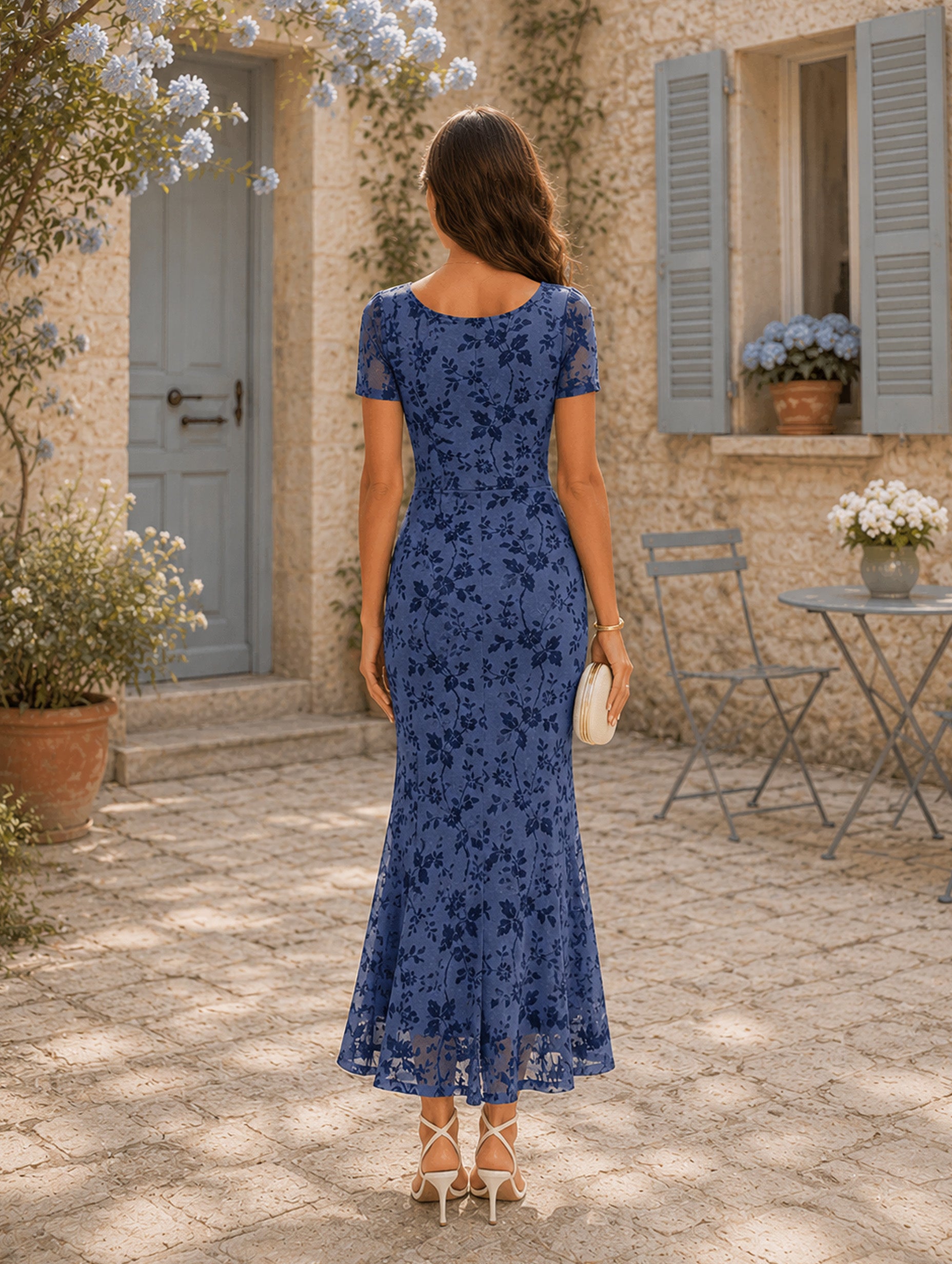 Women’s Summer Floral Wedding Guest Polyester Blend Square Neck Short Sleeve Slim Mermaid Maxi Dress