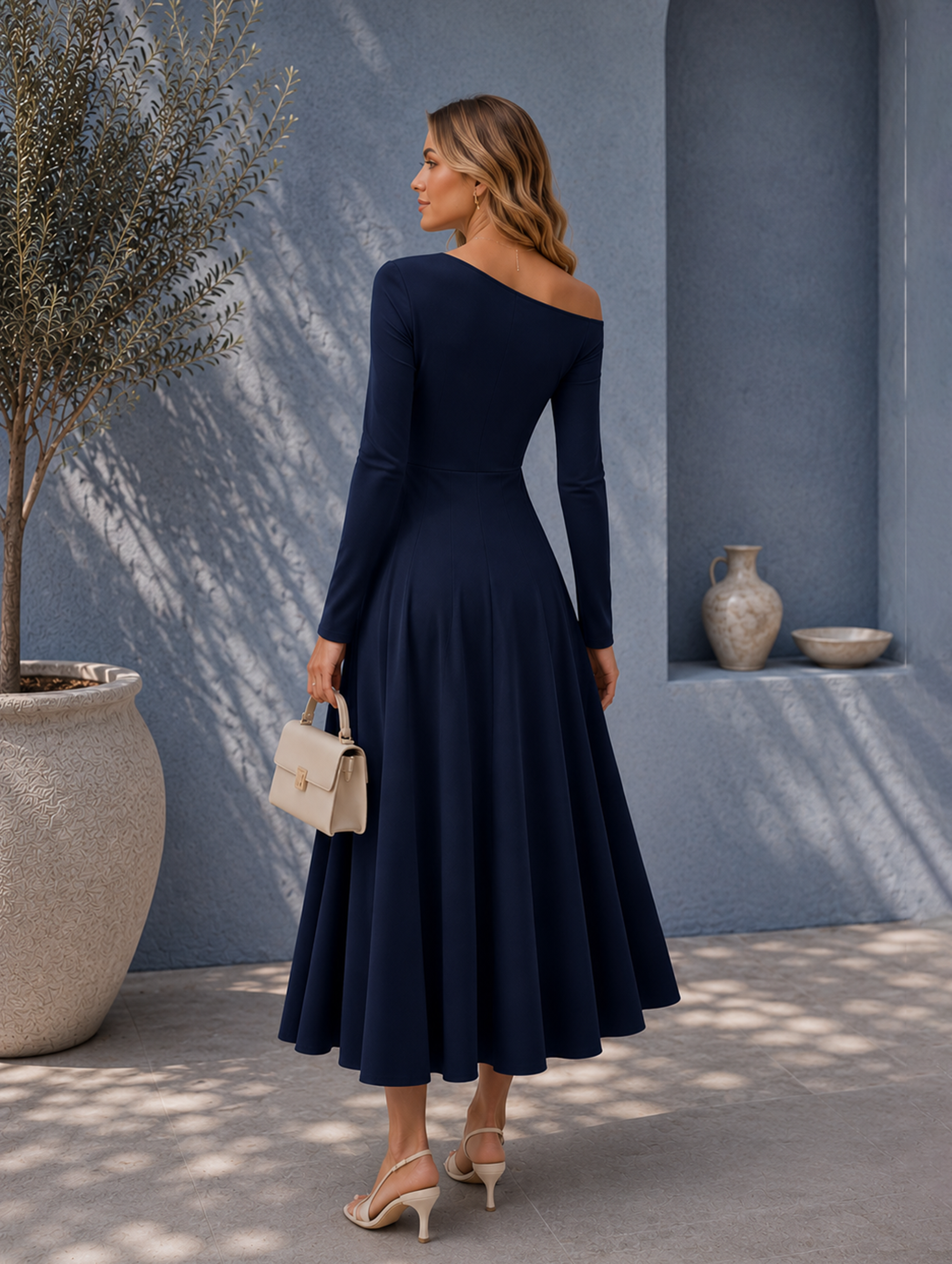 Women’s Fall Long Sleeve Wedding Guest One-Shoulder Elegant Formal Pleated Midi Maxi Dress