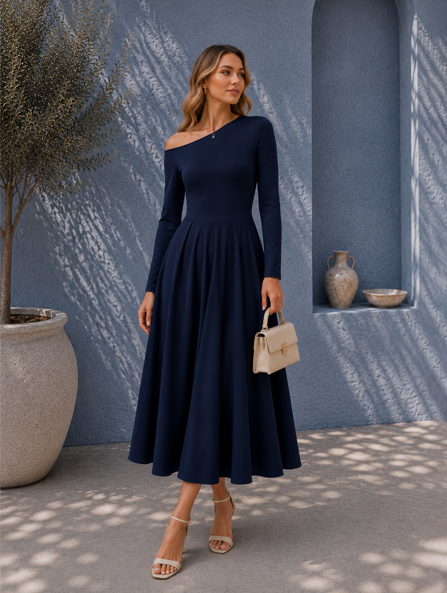 Women’s Fall Long Sleeve Wedding Guest One-Shoulder Elegant Formal Pleated Midi Maxi Dress