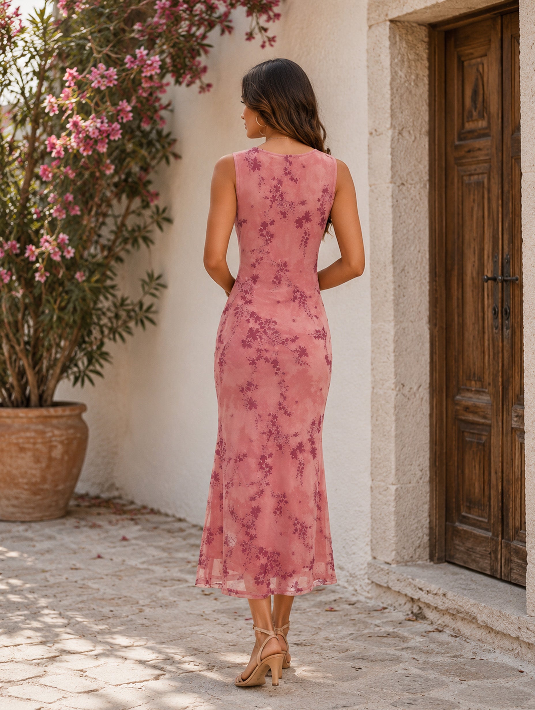 Women’s Summer Wedding Guest Floral Mesh Crew Neck Sleeveless Regular Maxi Dress