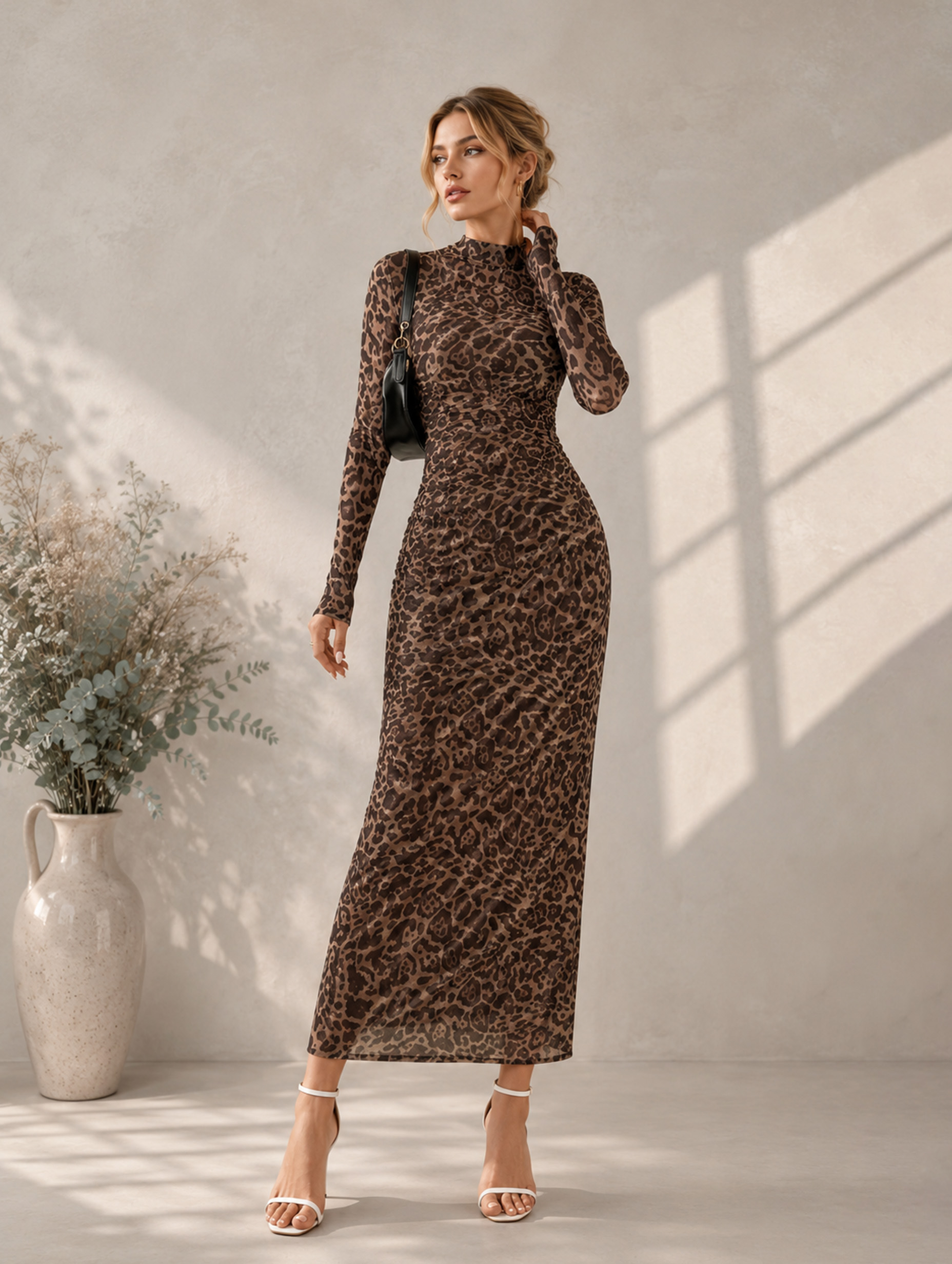 Women’s Spring Wedding Guest Floral Mesh Mock Neck Long Sleeve Slim Maxi Dress