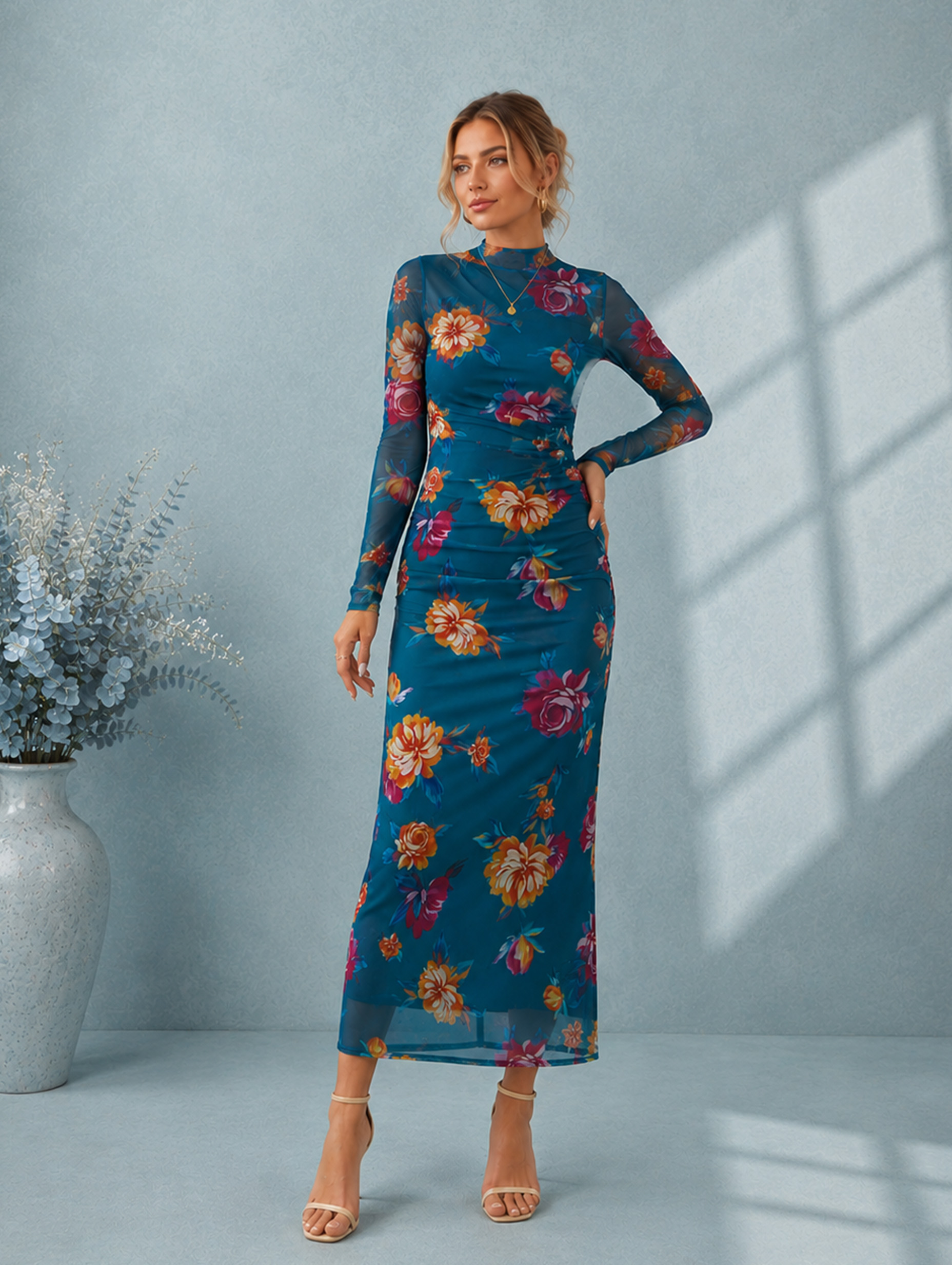 Women’s Spring Wedding Guest Floral Mesh Mock Neck Long Sleeve Slim Maxi Dress