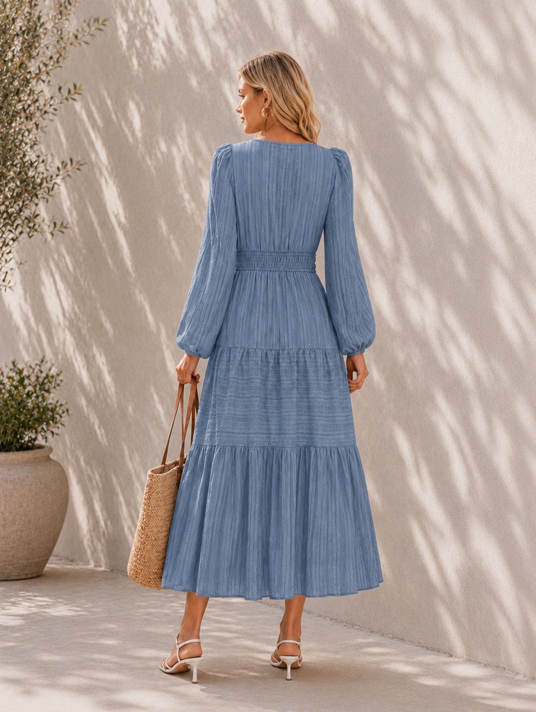Women’s Fall Casual Cotton Blend V-Neck Long Sleeve Regular Midi Dress with Tiered Skirt and Pockets