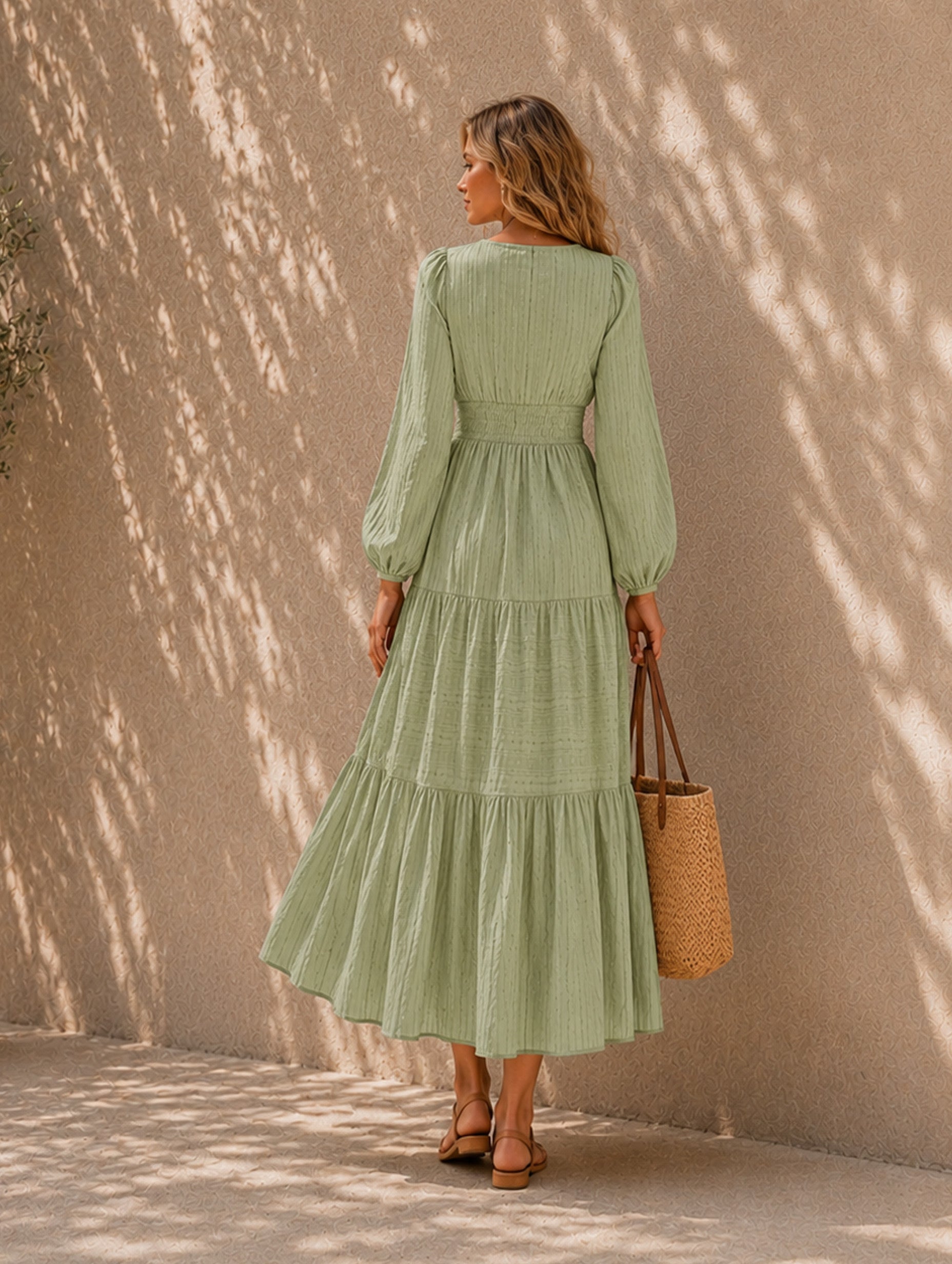 Women’s Fall Casual Cotton Blend V-Neck Long Sleeve Regular Midi Dress with Tiered Skirt and Pockets