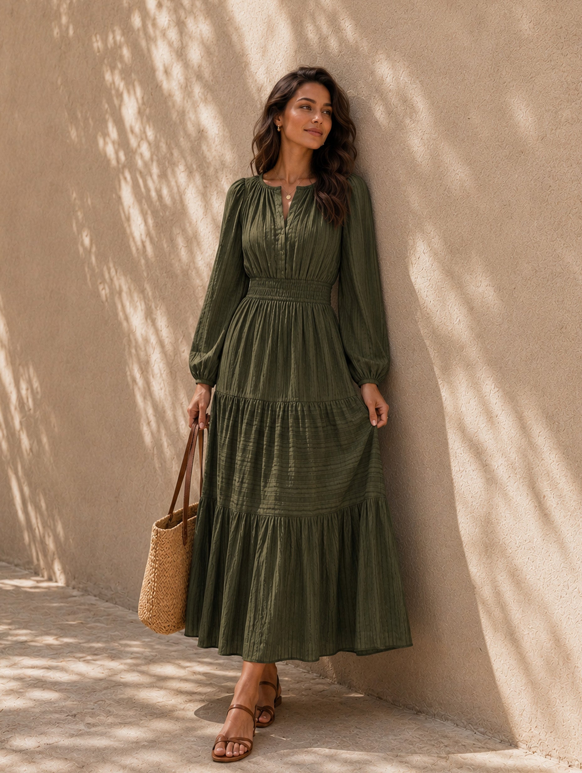 Women’s Fall Casual Cotton Blend V-Neck Long Sleeve Regular Midi Dress with Tiered Skirt and Pockets