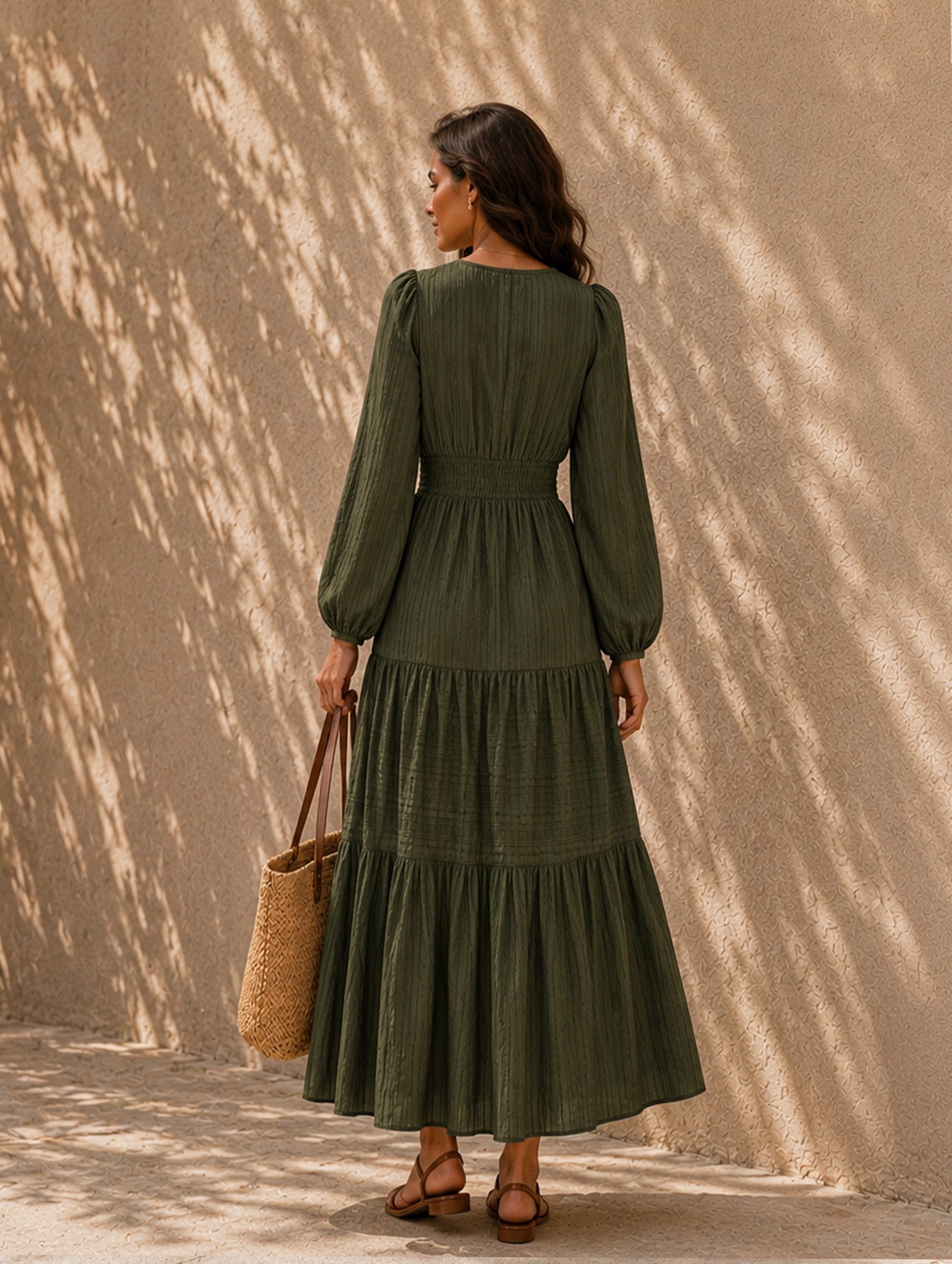 Women’s Fall Casual Cotton Blend V-Neck Long Sleeve Regular Midi Dress with Tiered Skirt and Pockets
