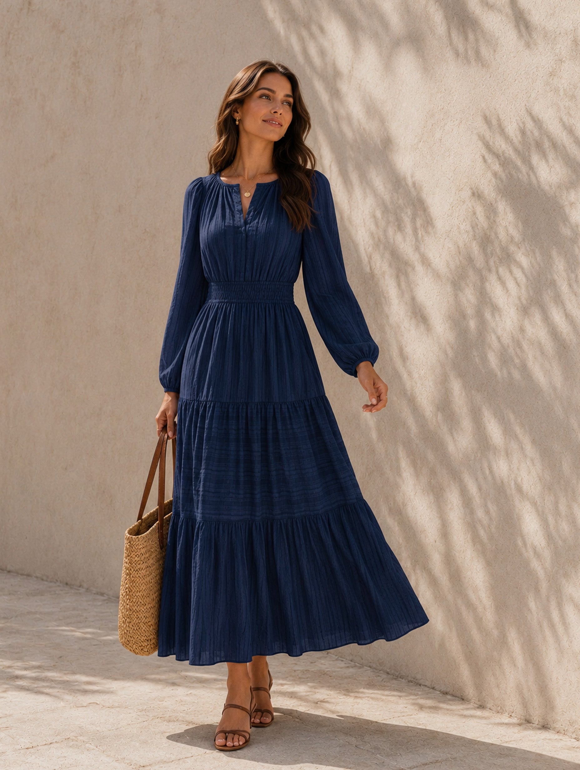 Women’s Fall Casual Cotton Blend V-Neck Long Sleeve Regular Midi Dress with Tiered Skirt and Pockets