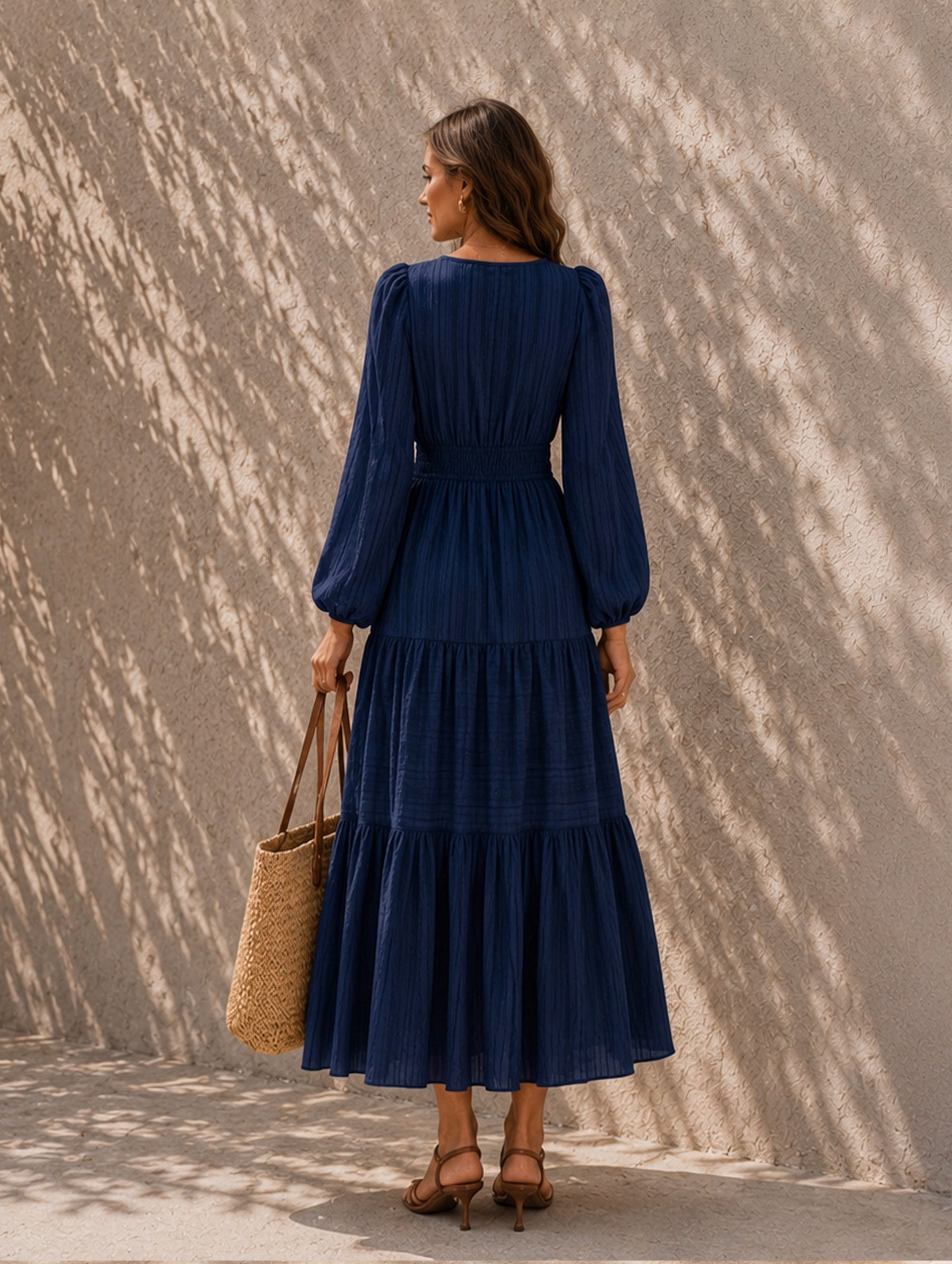 Women’s Fall Casual Cotton Blend V-Neck Long Sleeve Regular Midi Dress with Tiered Skirt and Pockets
