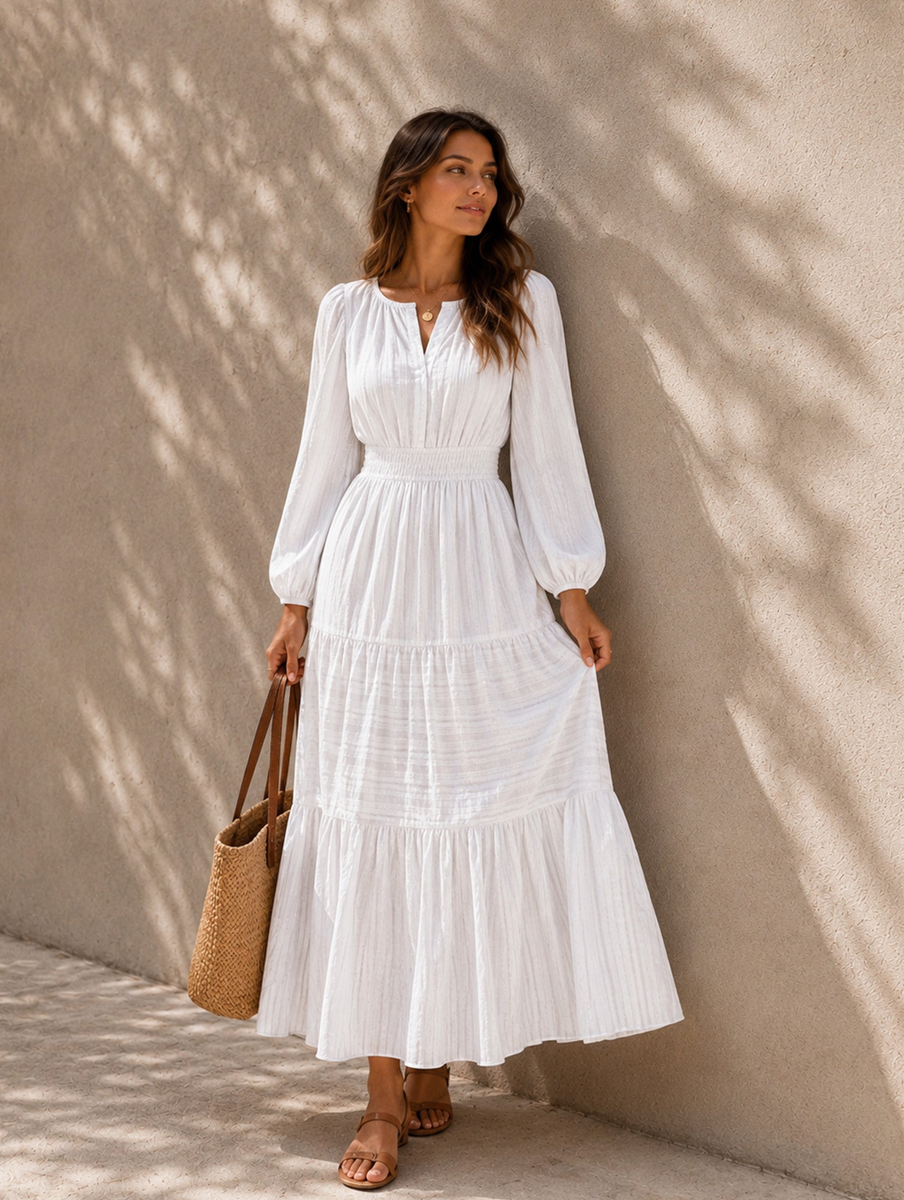 Women’s Fall Casual Cotton Blend V-Neck Long Sleeve Regular Midi Dress with Tiered Skirt and Pockets