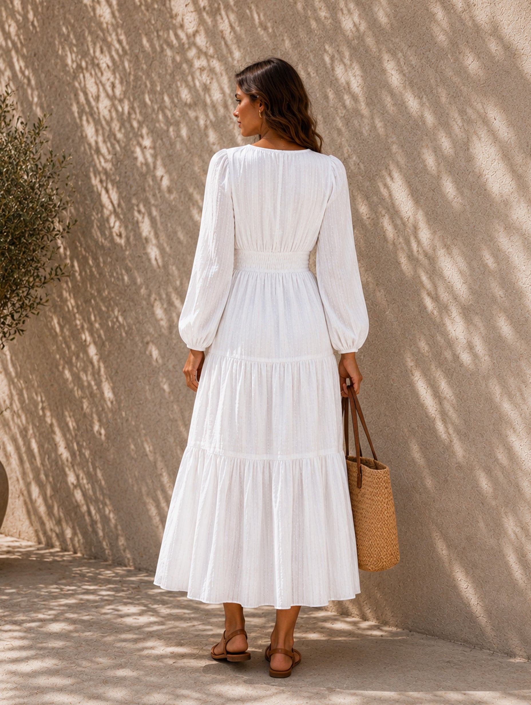 Women’s Fall Casual Cotton Blend V-Neck Long Sleeve Regular Midi Dress with Tiered Skirt and Pockets