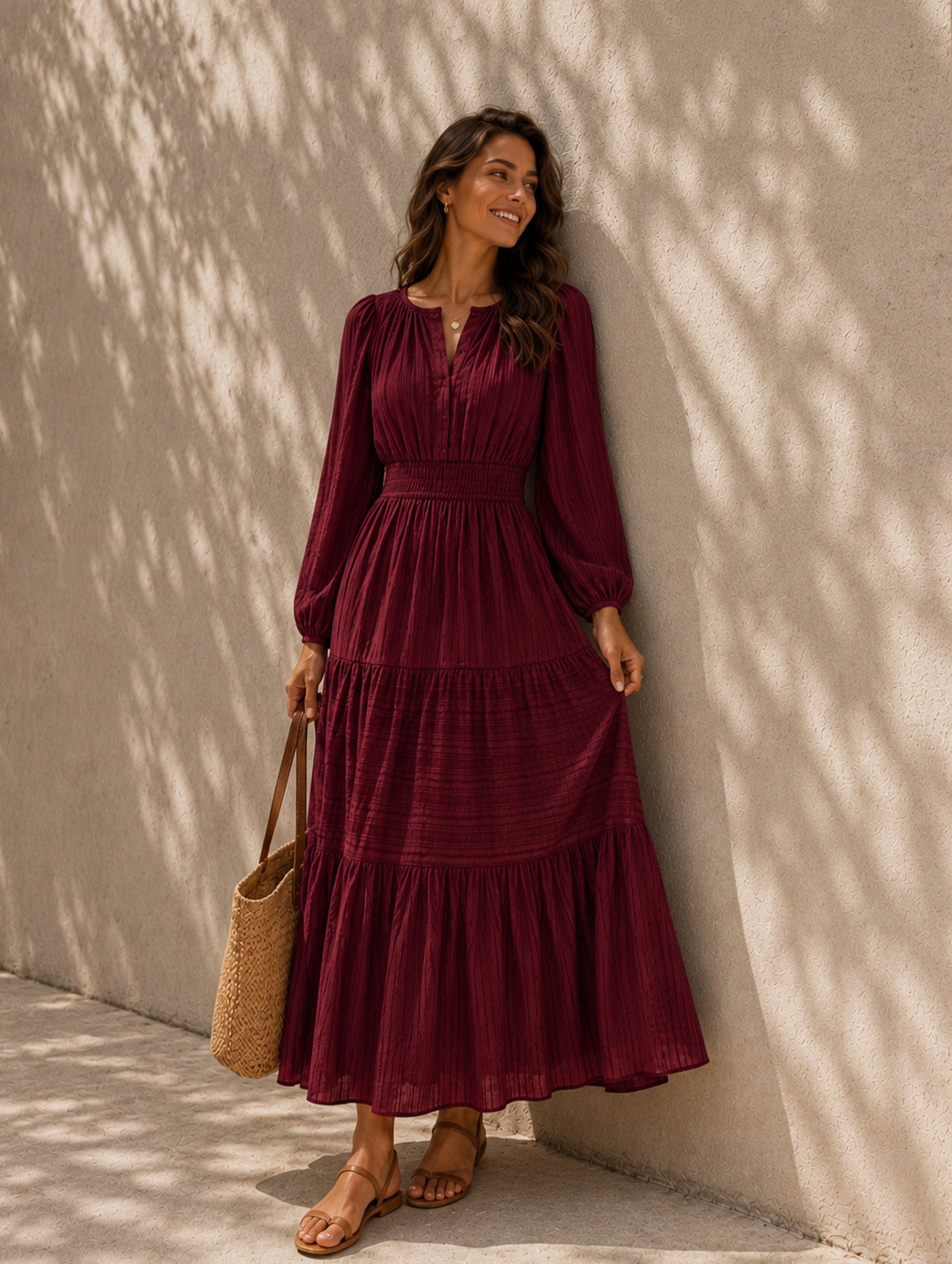 Women’s Fall Casual Cotton Blend V-Neck Long Sleeve Regular Midi Dress with Tiered Skirt and Pockets
