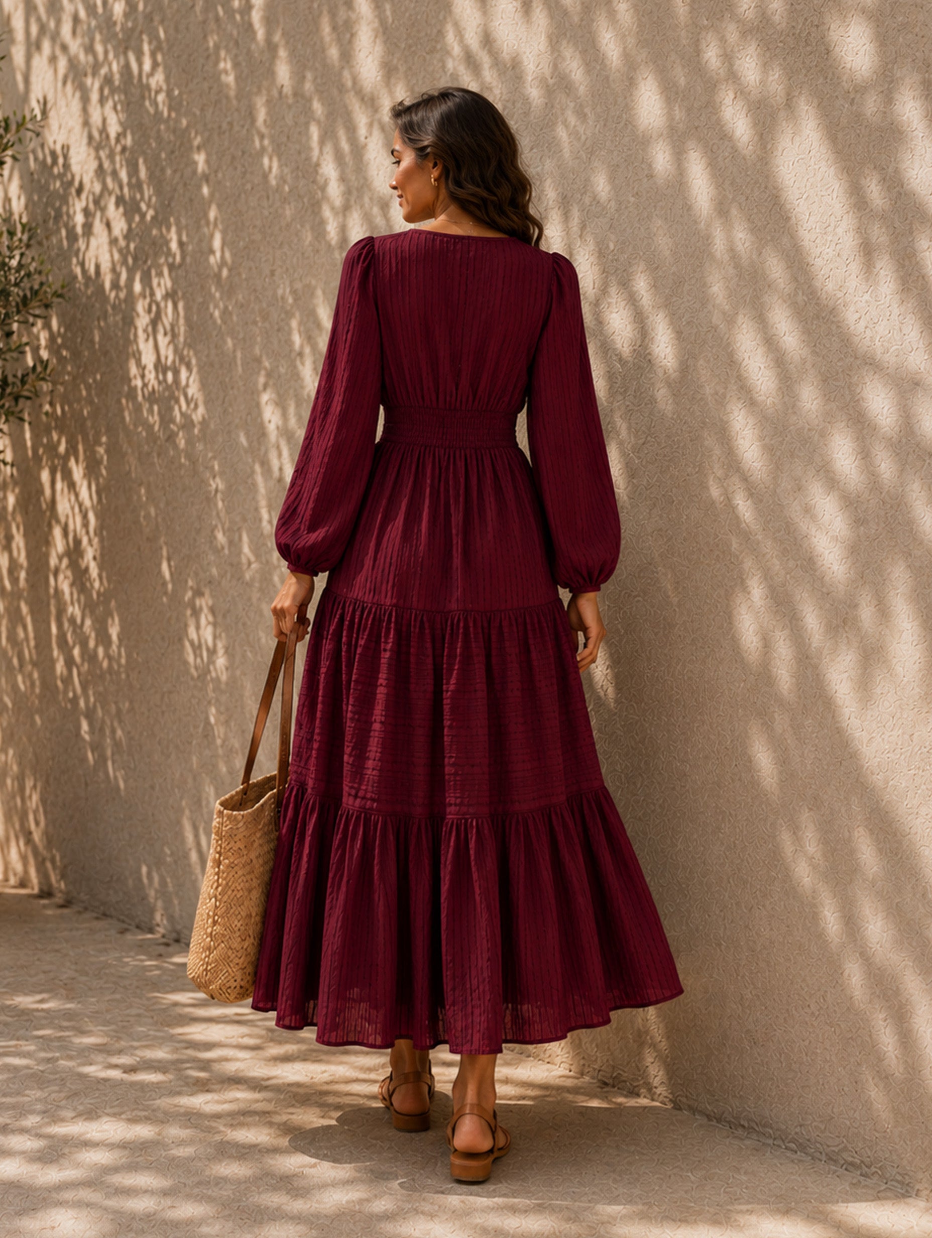 Women’s Fall Casual Cotton Blend V-Neck Long Sleeve Regular Midi Dress with Tiered Skirt and Pockets