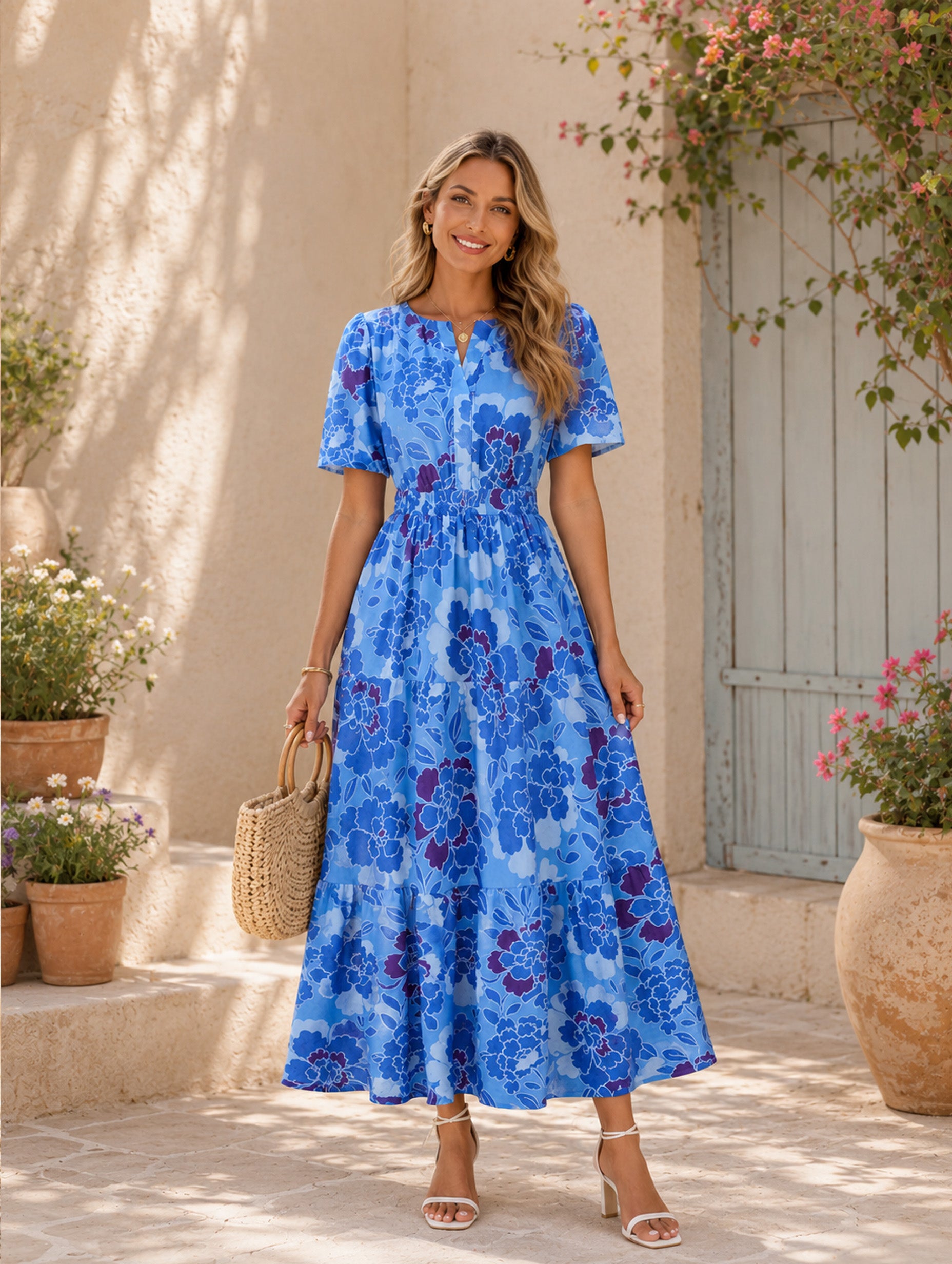 Women’s Spring Summer Floral Viscose V-Neck Short Sleeve Regular Maxi Dress with Pockets