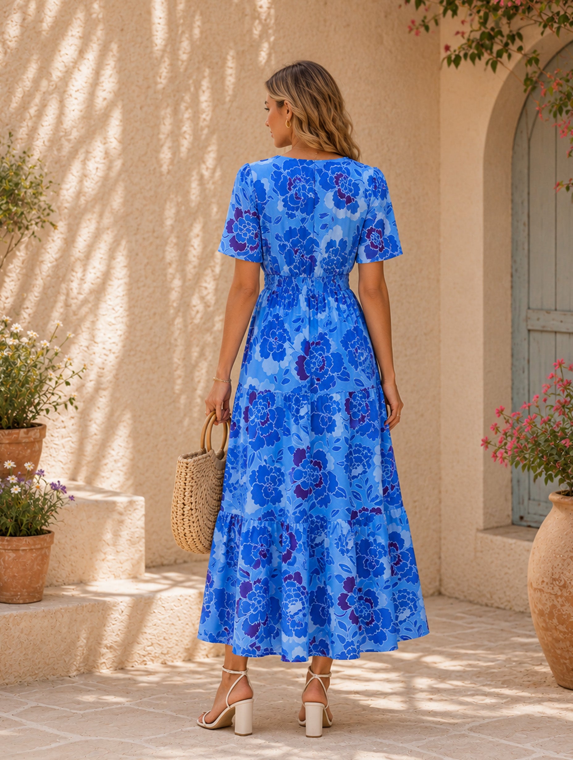 Women’s Spring Summer Floral Viscose V-Neck Short Sleeve Regular Maxi Dress with Pockets