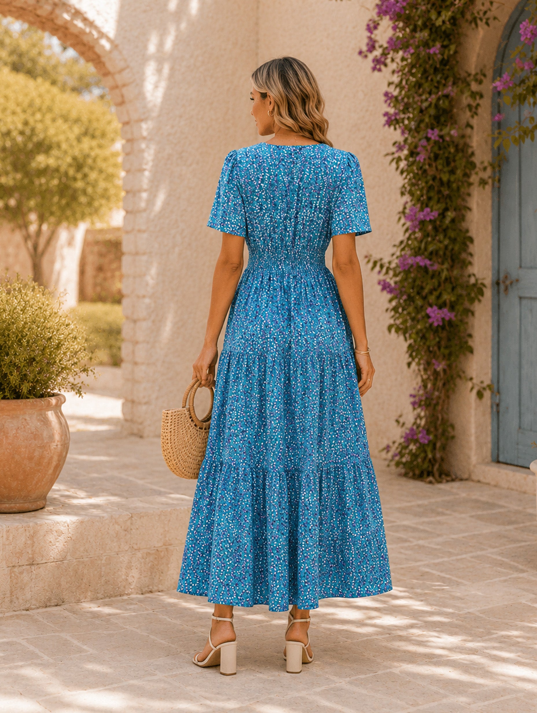 Women’s Spring Summer Floral Viscose V-Neck Short Sleeve Regular Maxi Dress with Pockets