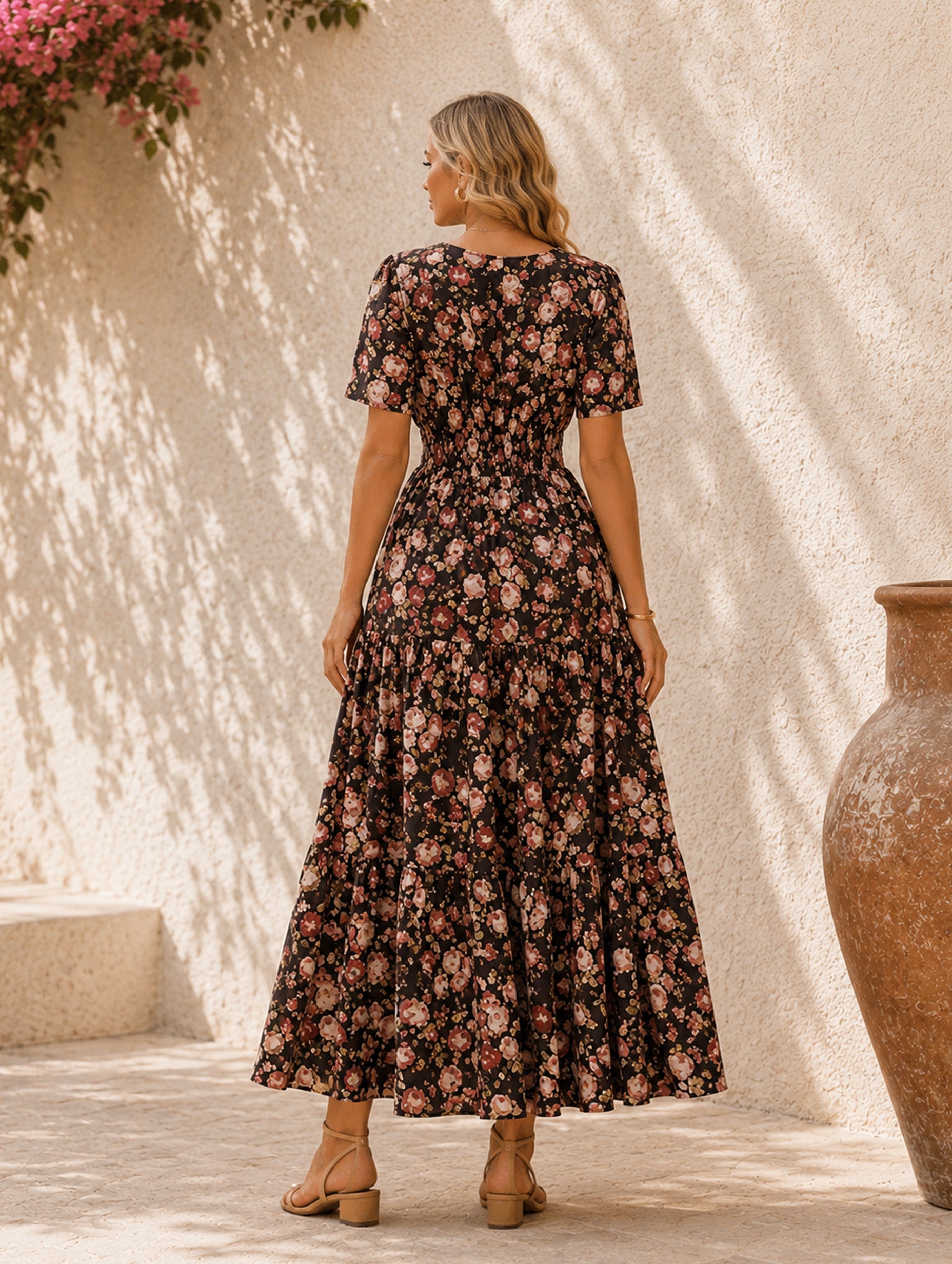 Women’s Spring Summer Floral Viscose V-Neck Short Sleeve Regular Maxi Dress with Pockets