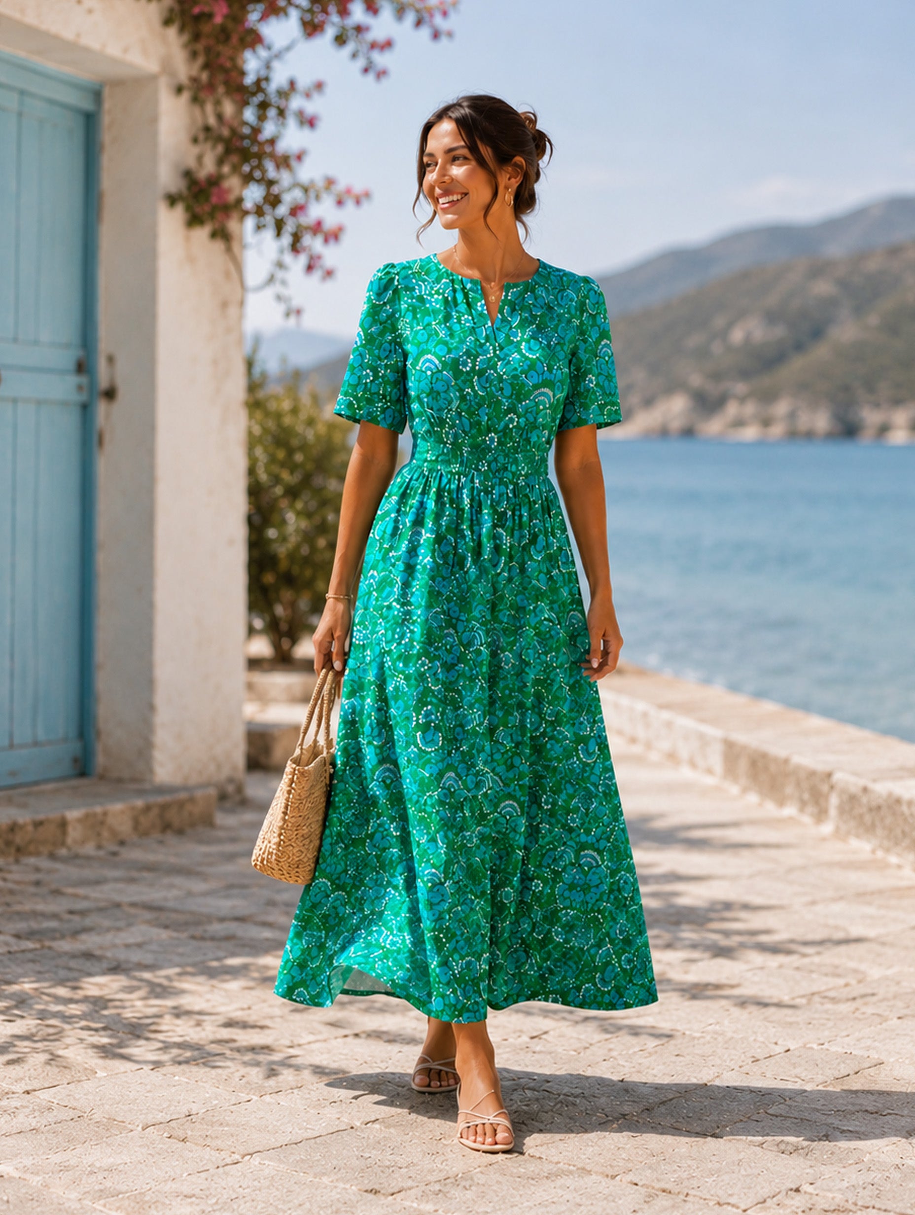 Women’s Spring Summer Floral Viscose V-Neck Short Sleeve Regular Maxi Dress with Pockets