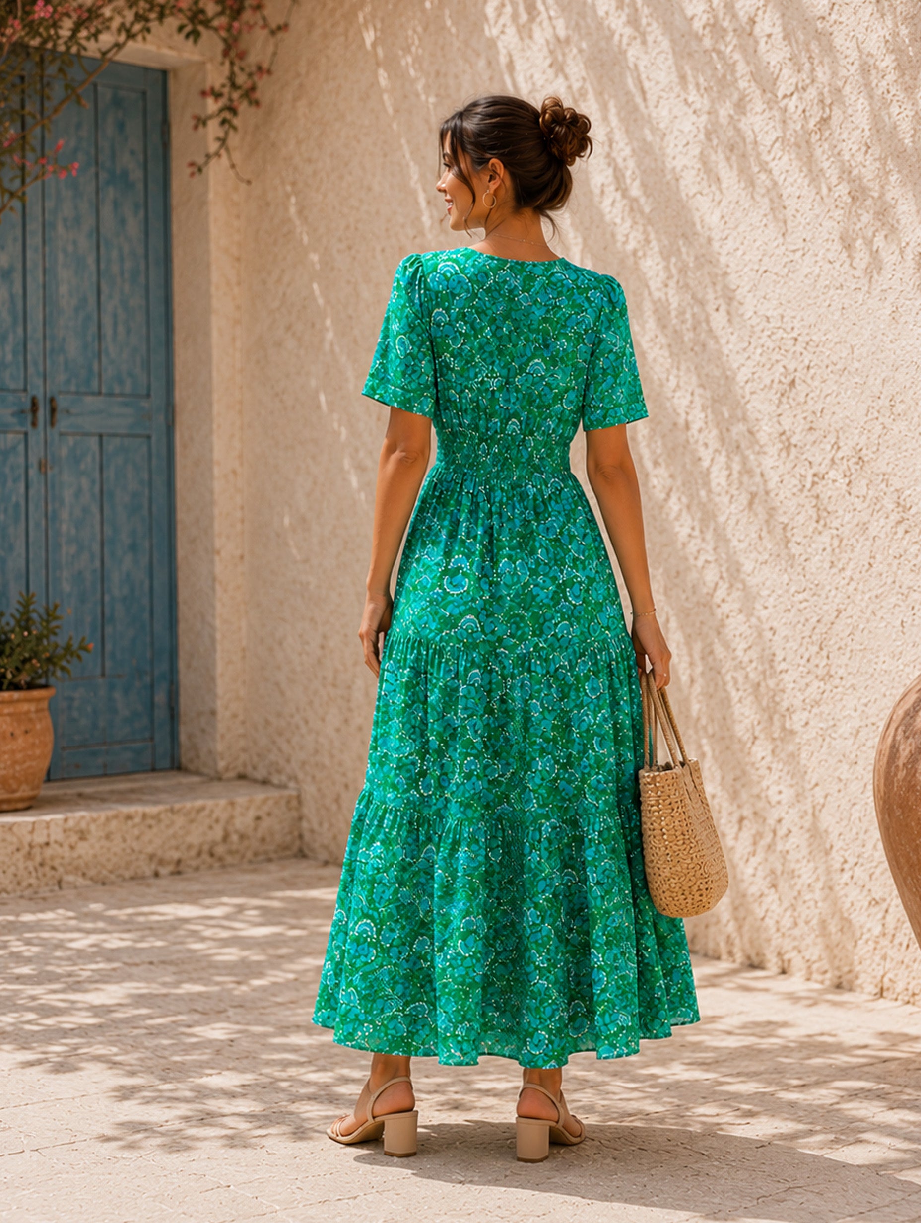 Women’s Spring Summer Floral Viscose V-Neck Short Sleeve Regular Maxi Dress with Pockets