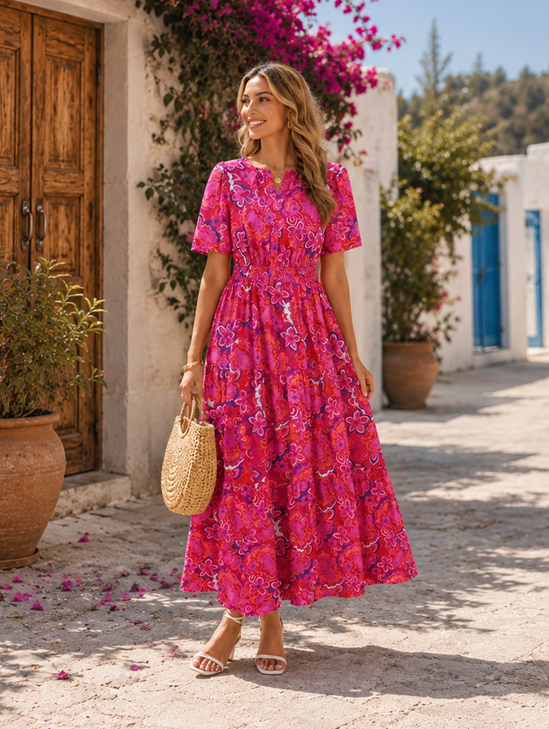 Women’s Spring Summer Floral Viscose V-Neck Short Sleeve Regular Maxi Dress with Pockets