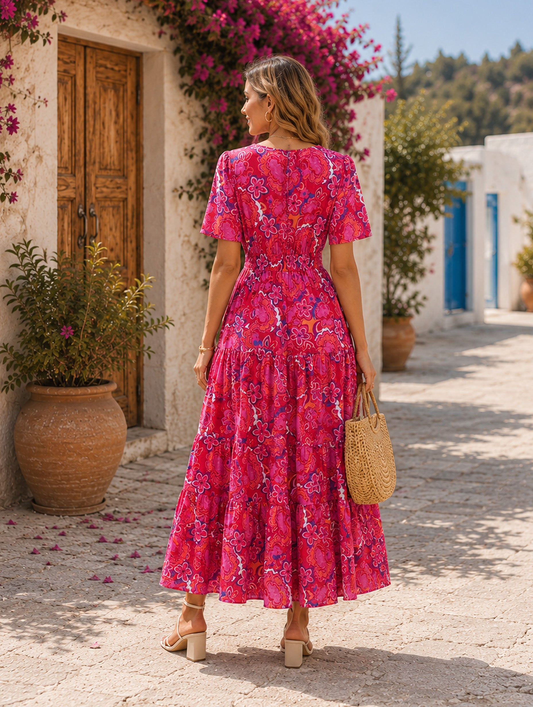 Women’s Spring Summer Floral Viscose V-Neck Short Sleeve Regular Maxi Dress with Pockets