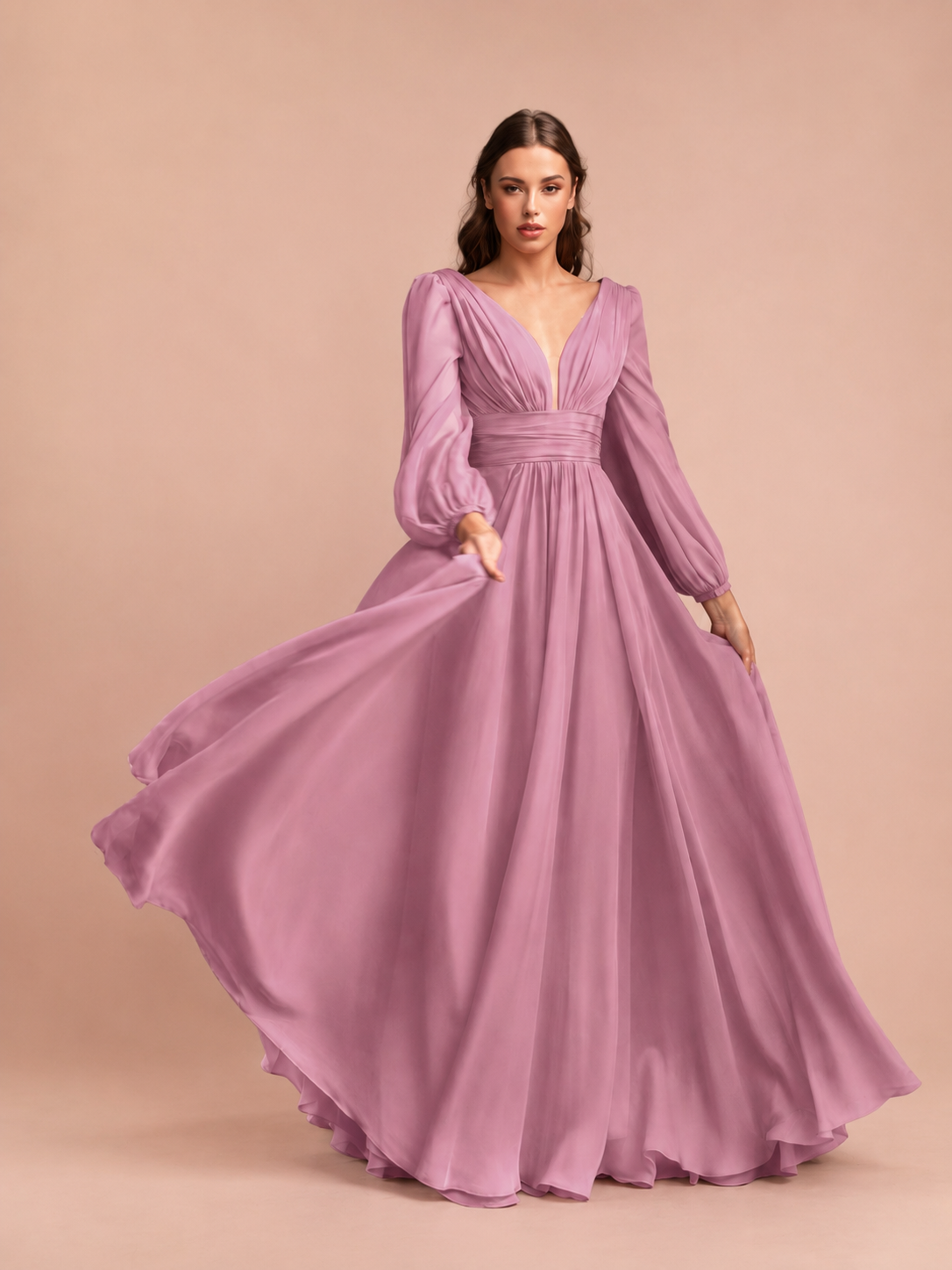 Vestido de Invitada de Boda de Chifón Elegante en Azul Marino con Escote en V y Manga Larga Regular de Largo hasta el Suelo con Detalle Plisado para Mujeres