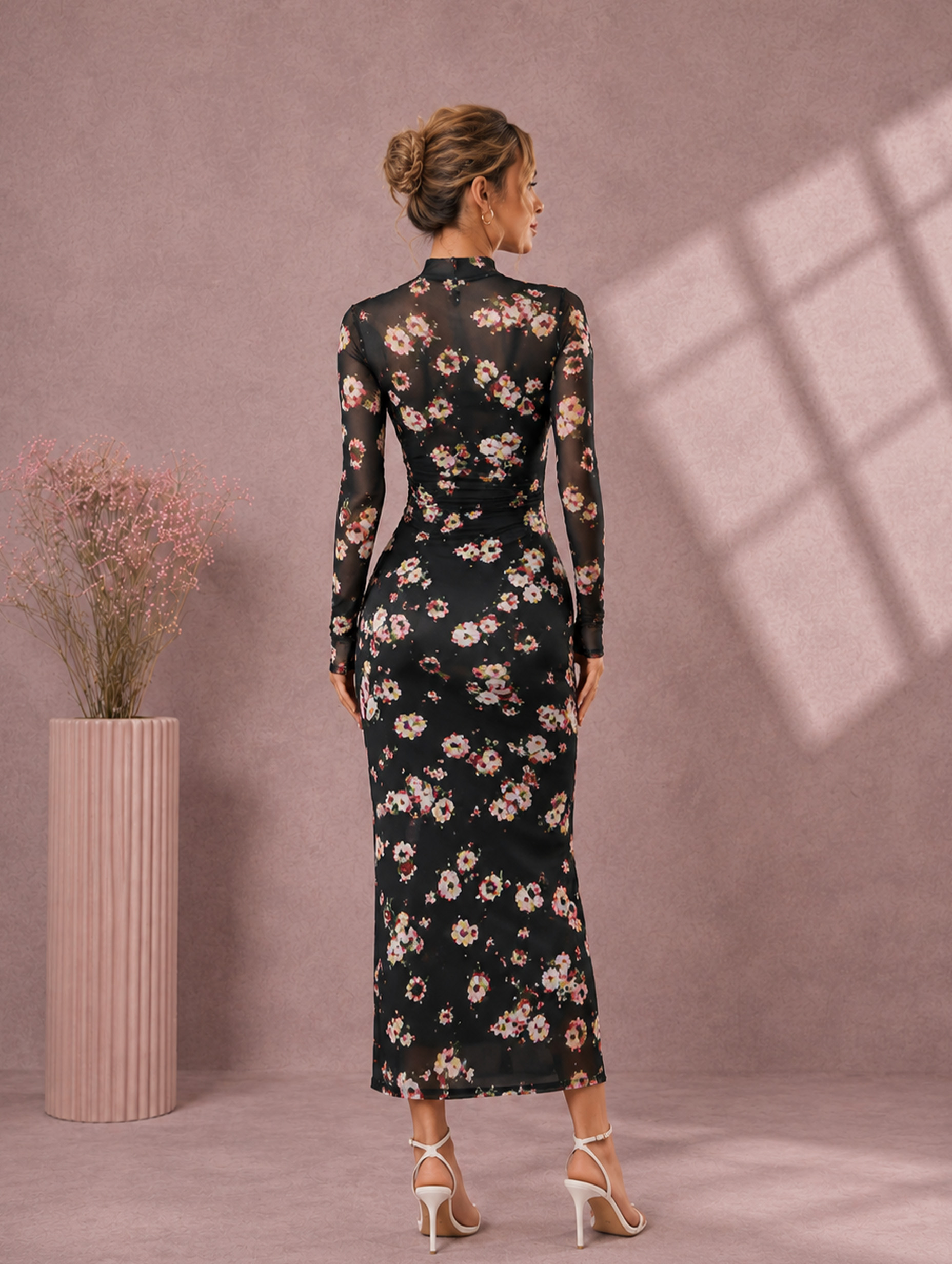 Women’s Spring Wedding Guest Floral Mesh Mock Neck Long Sleeve Slim Maxi Dress