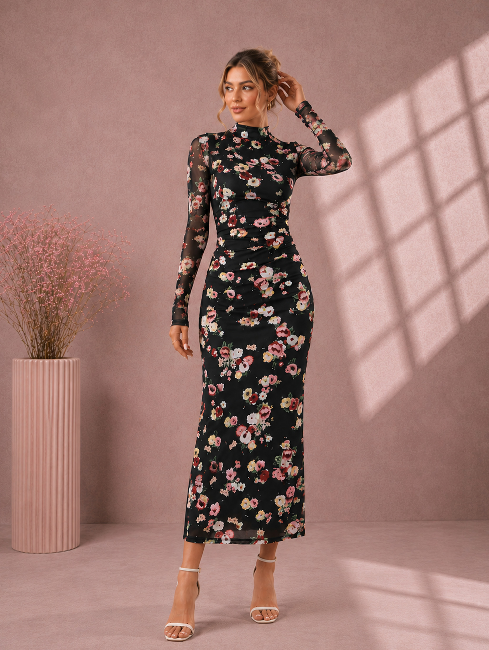 Women’s Spring Wedding Guest Floral Mesh Mock Neck Long Sleeve Slim Maxi Dress