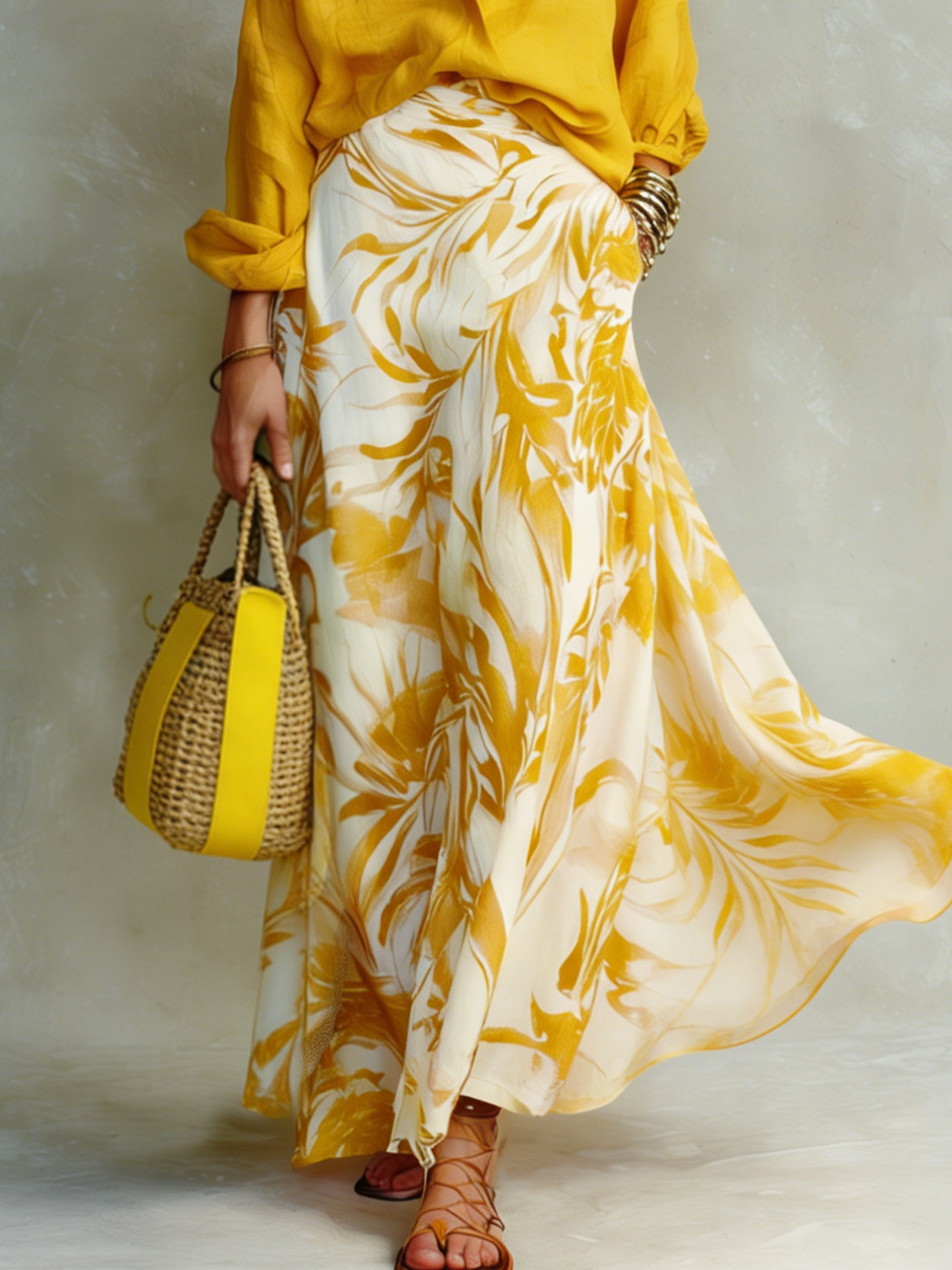 Women’s Yellow Casual Rayon Blend Shirt Collar Long Sleeve Regular Maxi Skirt Set with Botanical Print