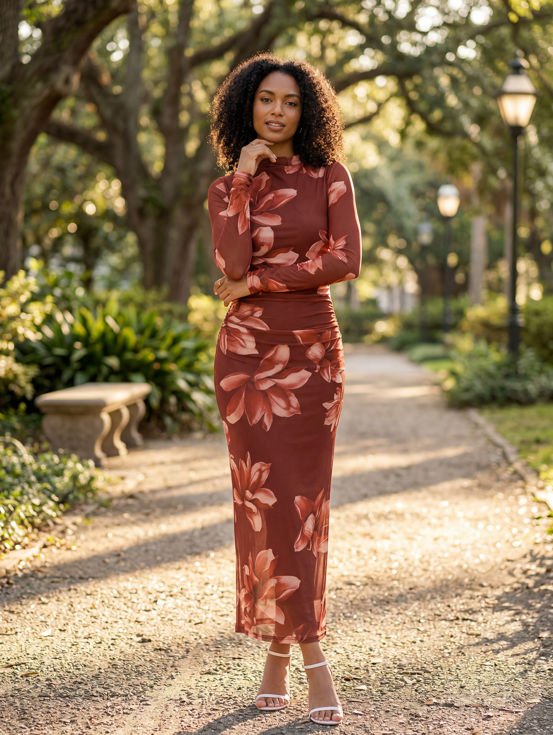 Women’s Spring Wedding Guest Floral Mesh Mock Neck Long Sleeve Slim Maxi Dress