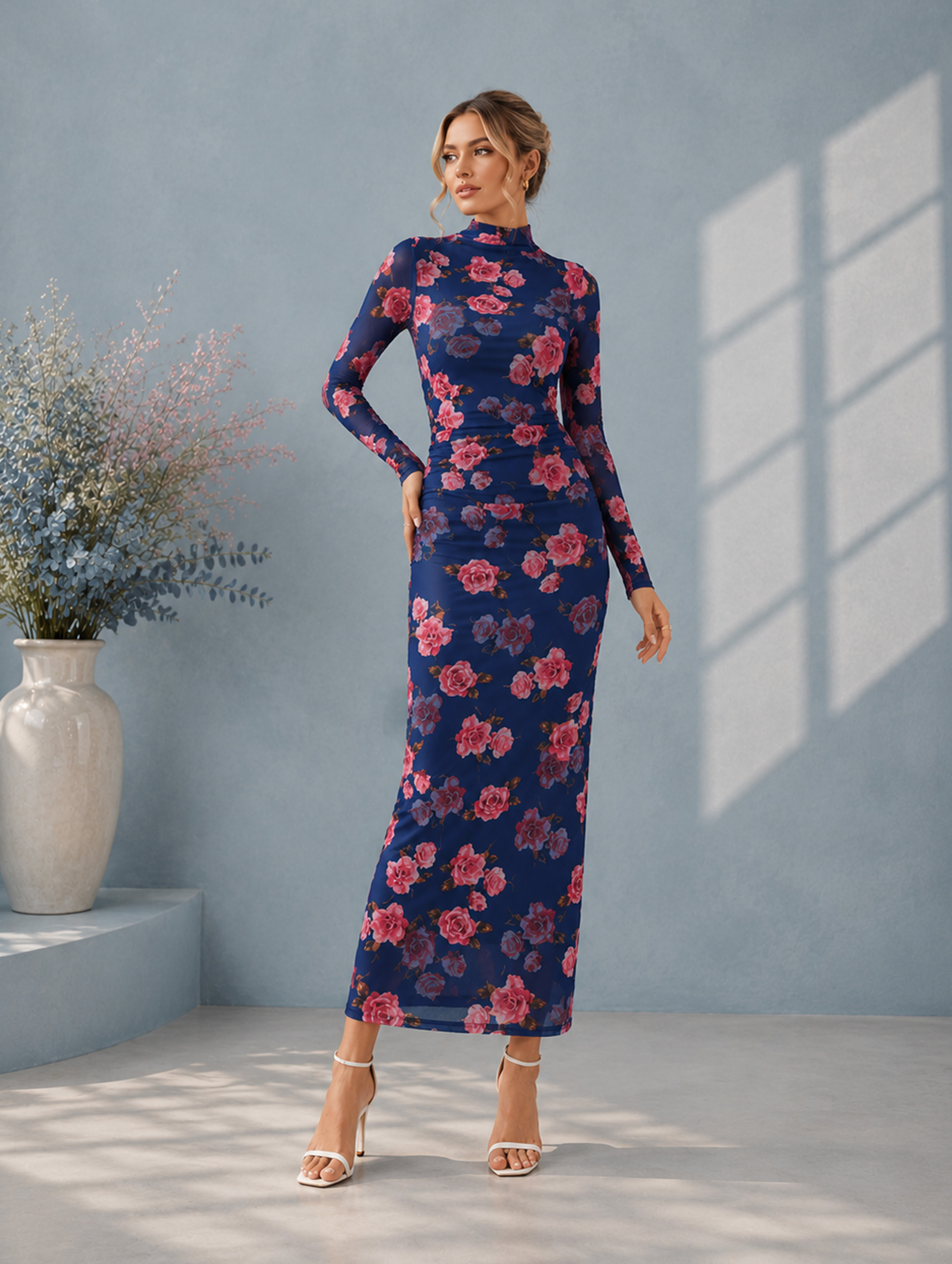 Women’s Spring Wedding Guest Floral Mesh Mock Neck Long Sleeve Slim Maxi Dress