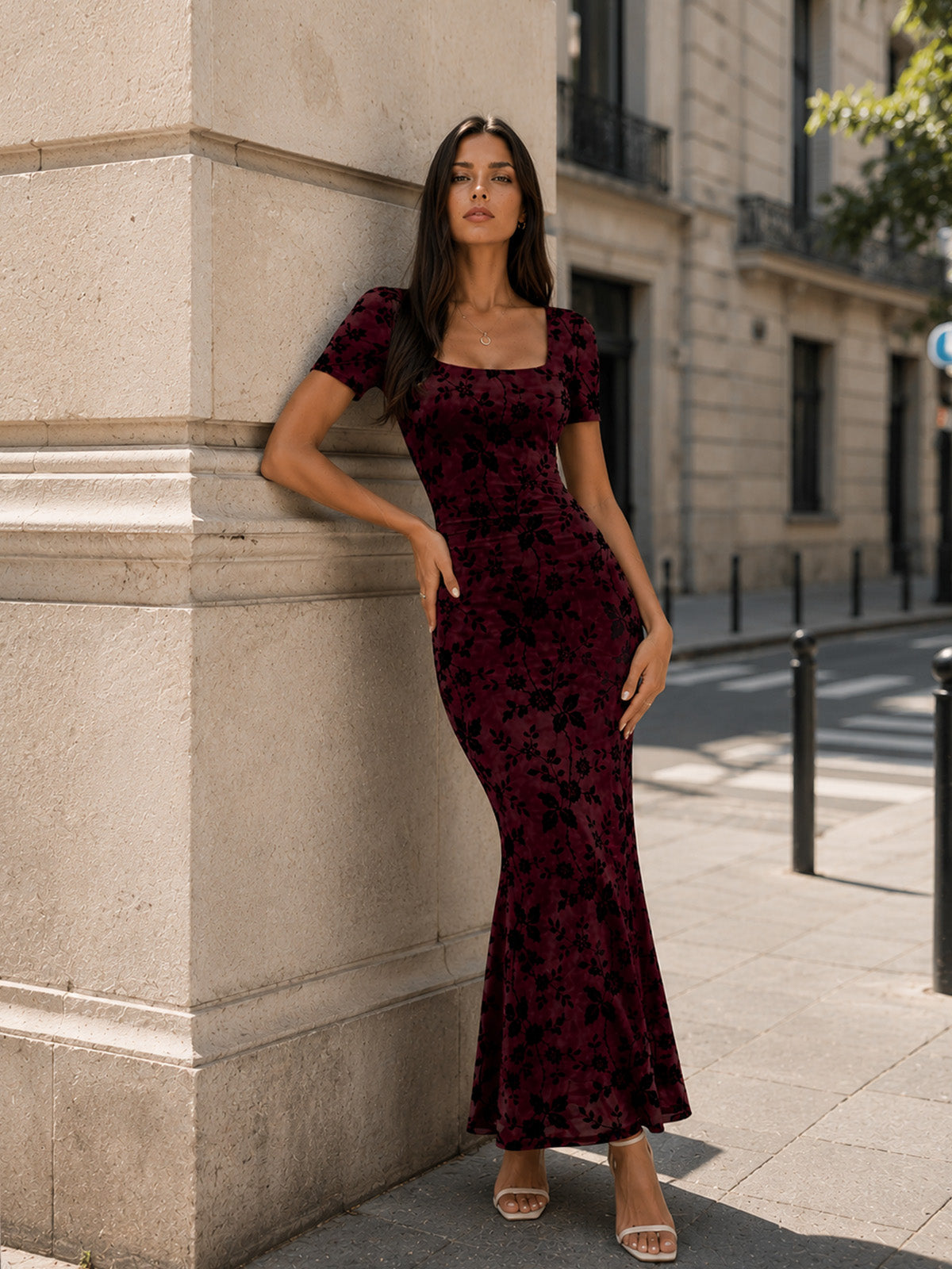 Women’s Summer Floral Wedding Guest Polyester Blend Square Neck Short Sleeve Slim Mermaid Maxi Dress