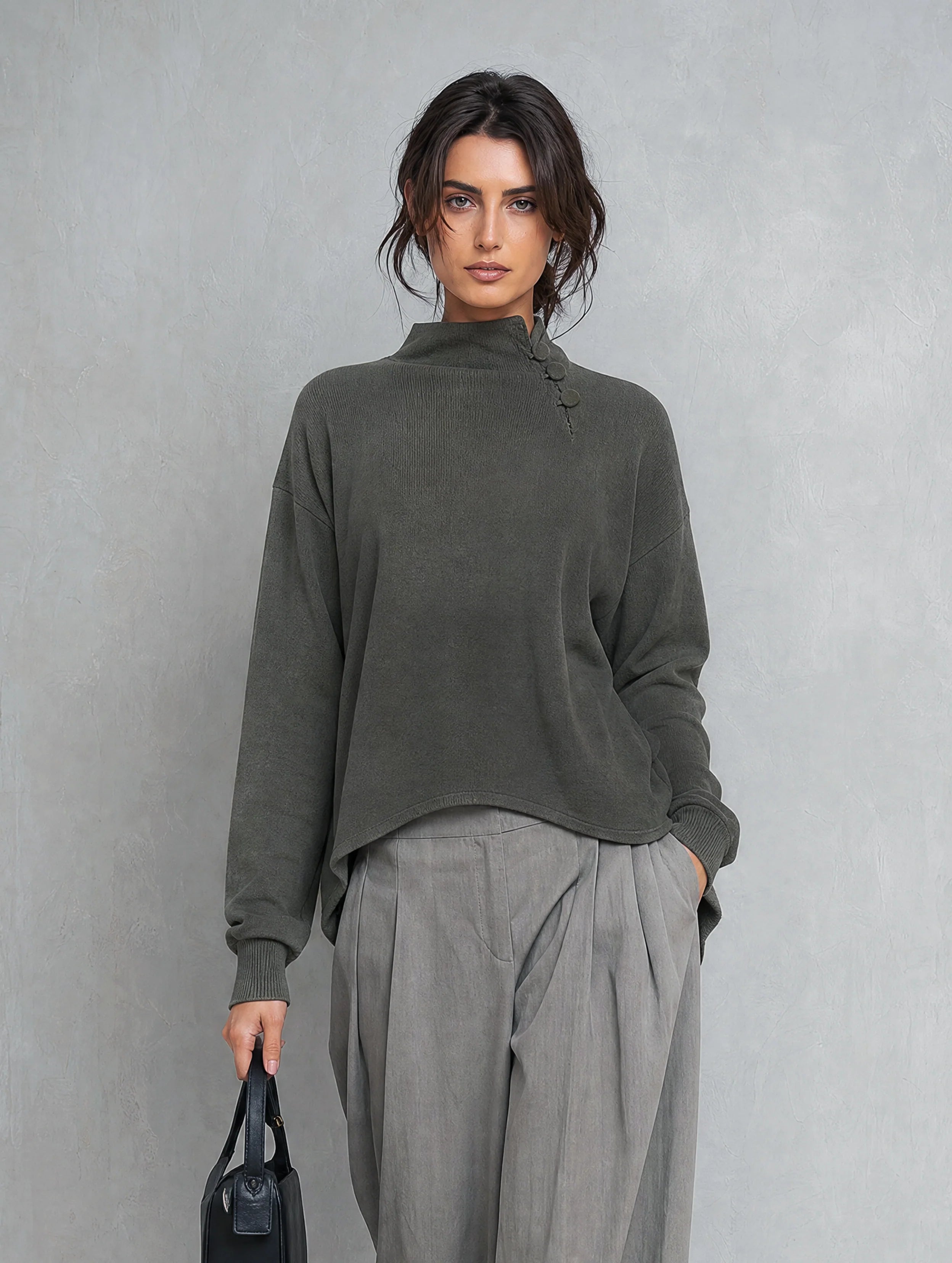 Women's Casual Dark Grey Woven Long-Sleeve Top And Grey Woven Trousers Two-Piece Set