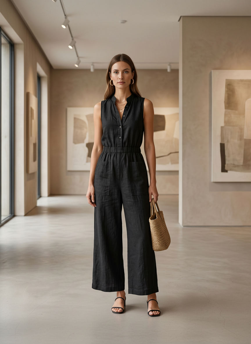 Women’s Black Casual Chic Linen-Blend Mandarin Collar Sleeveless Wide-Leg Ankle Jumpsuit